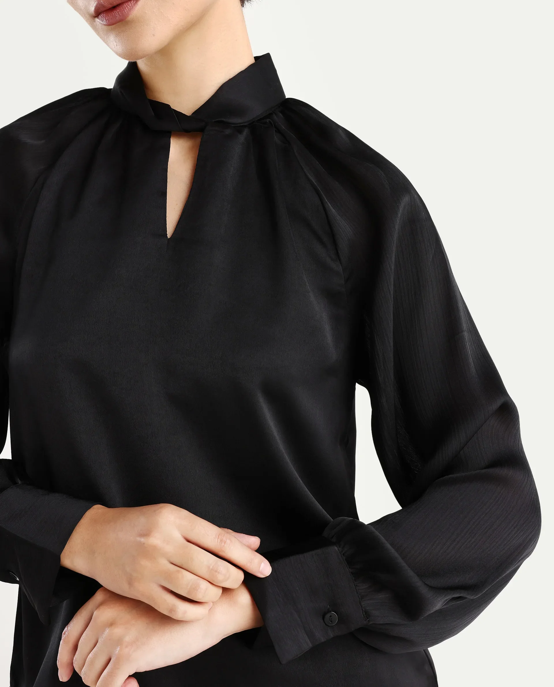 Rareism Women's Innoga Black Satin High Neck Plain Cuffed Sleeve Regular Fit Top - Image 4