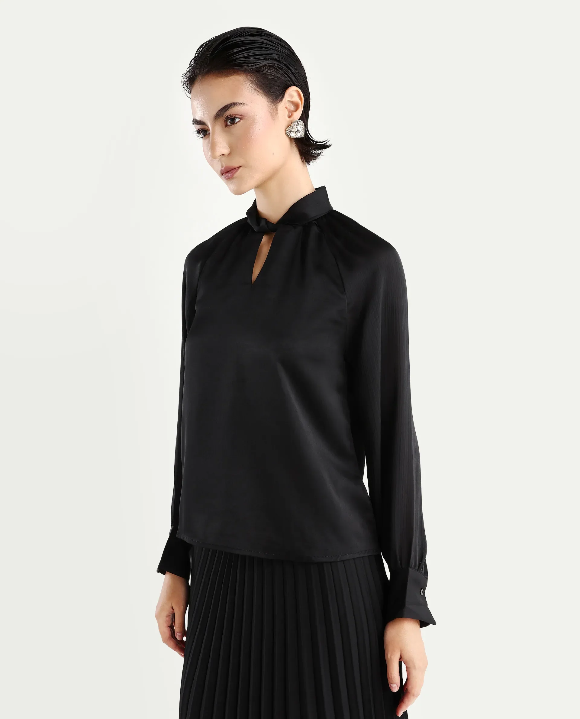 Rareism Women's Innoga Black Satin High Neck Plain Cuffed Sleeve Regular Fit Top - Image 5