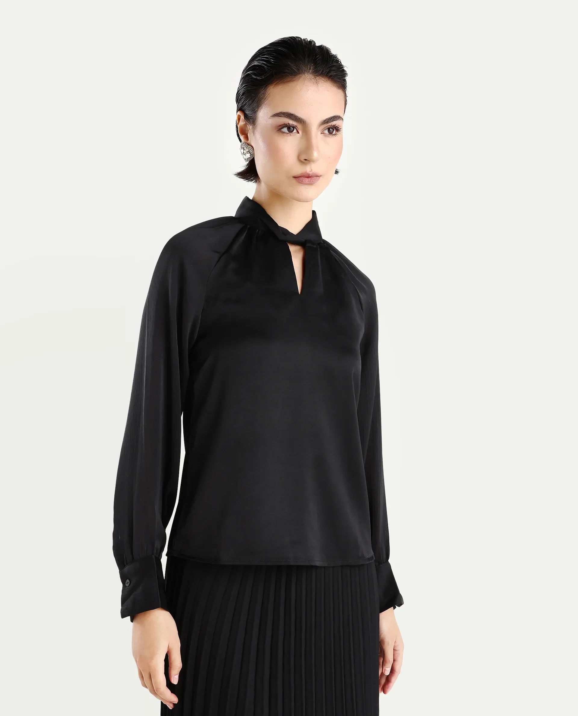 Rareism Women's Innoga Black Satin High Neck Plain Cuffed Sleeve Regular Fit Top - Image 6