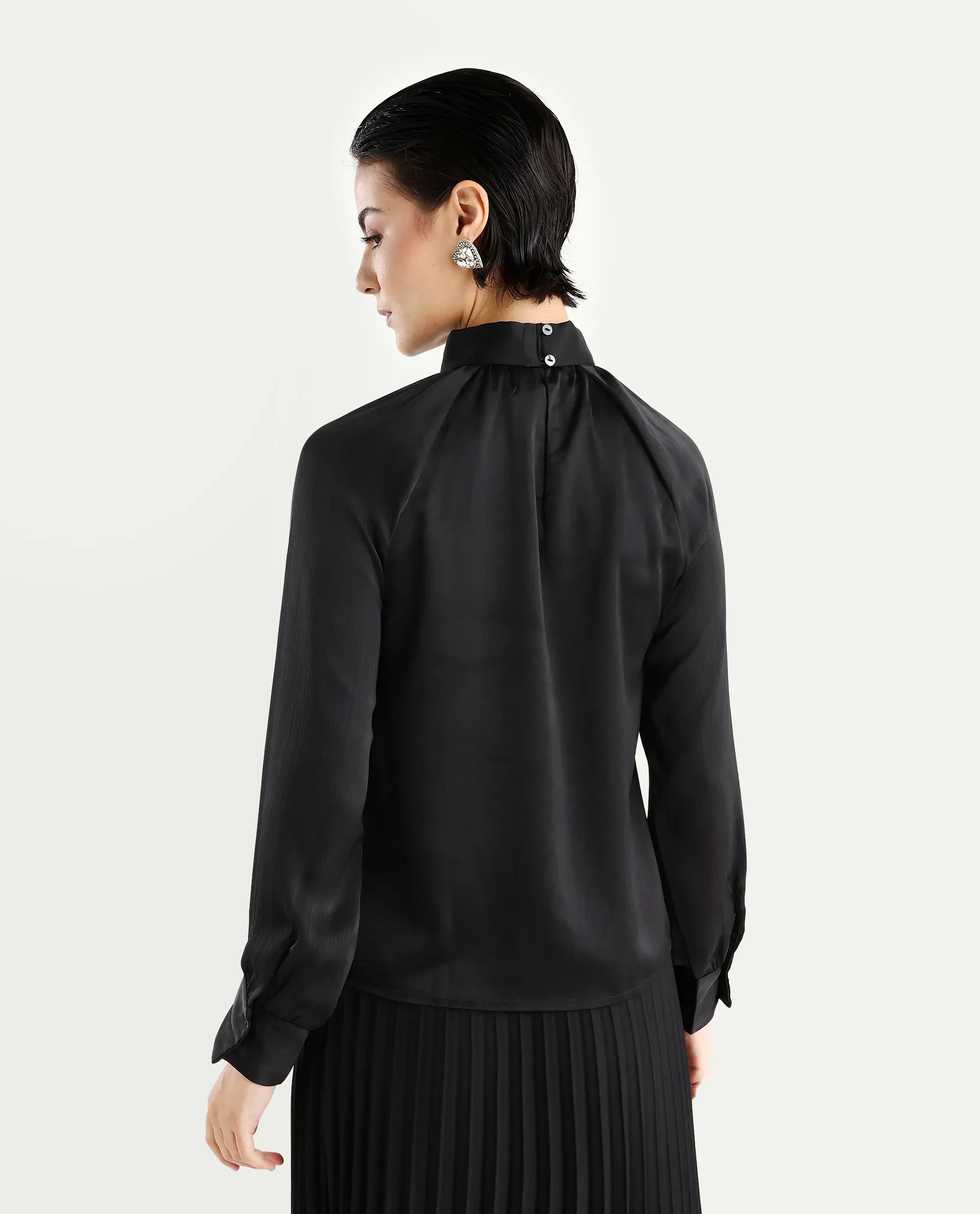 Rareism Women's Innoga Black Satin High Neck Plain Cuffed Sleeve Regular Fit Top - Image 7