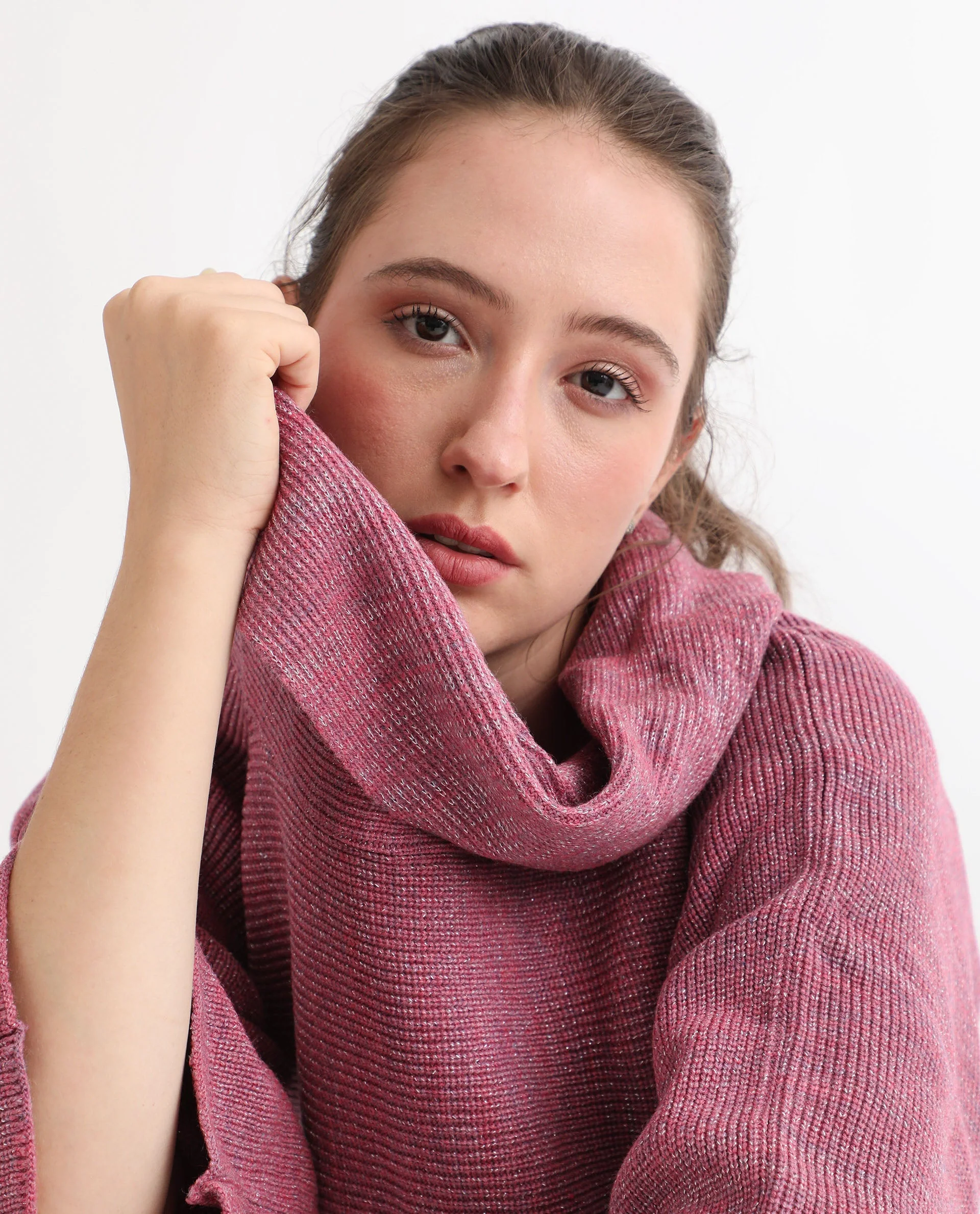 Rareism Women's Innov Pink Polyester Cowl Neck Plain Knee Length Relaxed Fit Sweater