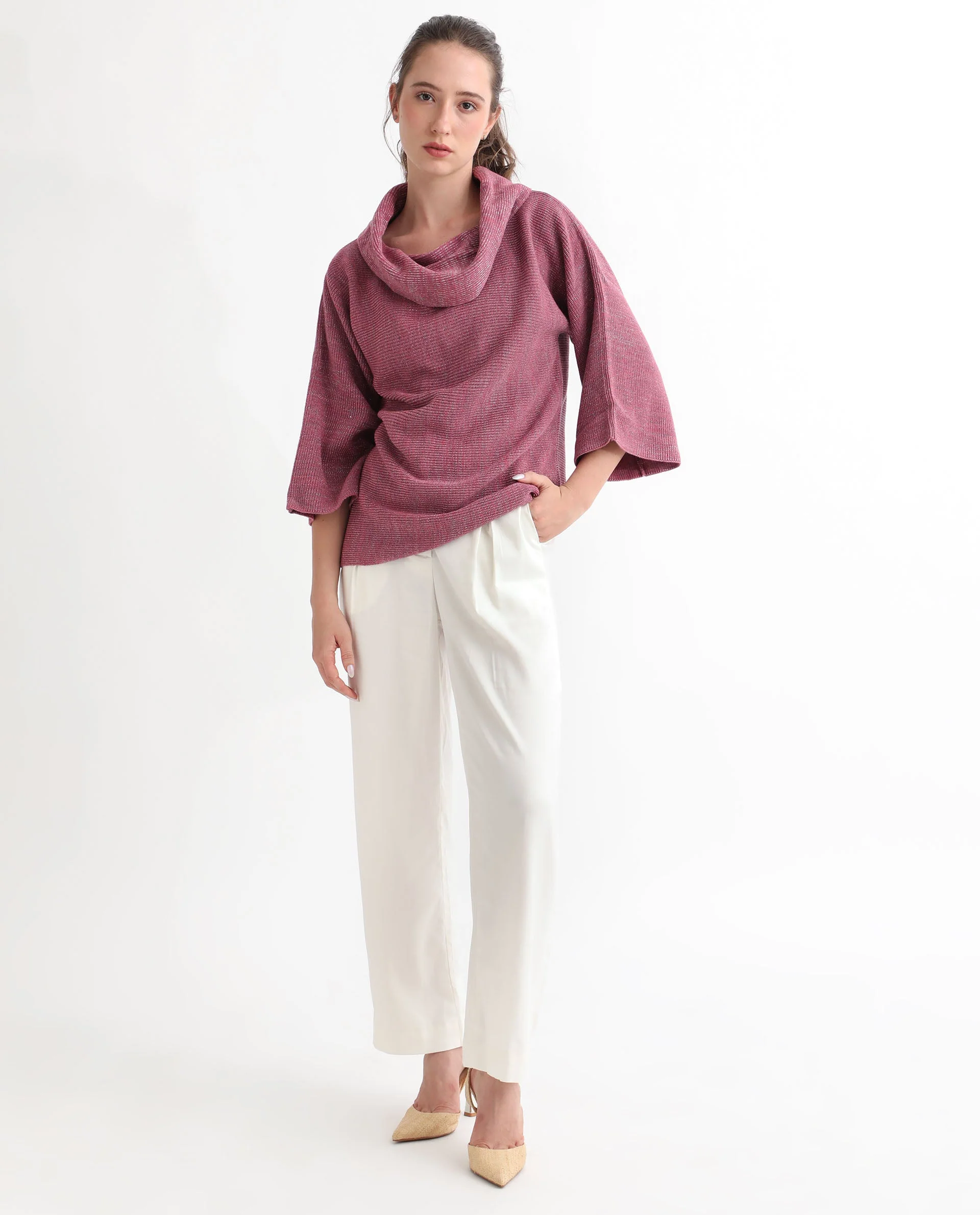 Rareism Women's Innov Pink Polyester Cowl Neck Plain Knee Length Relaxed Fit Sweater - Image 2