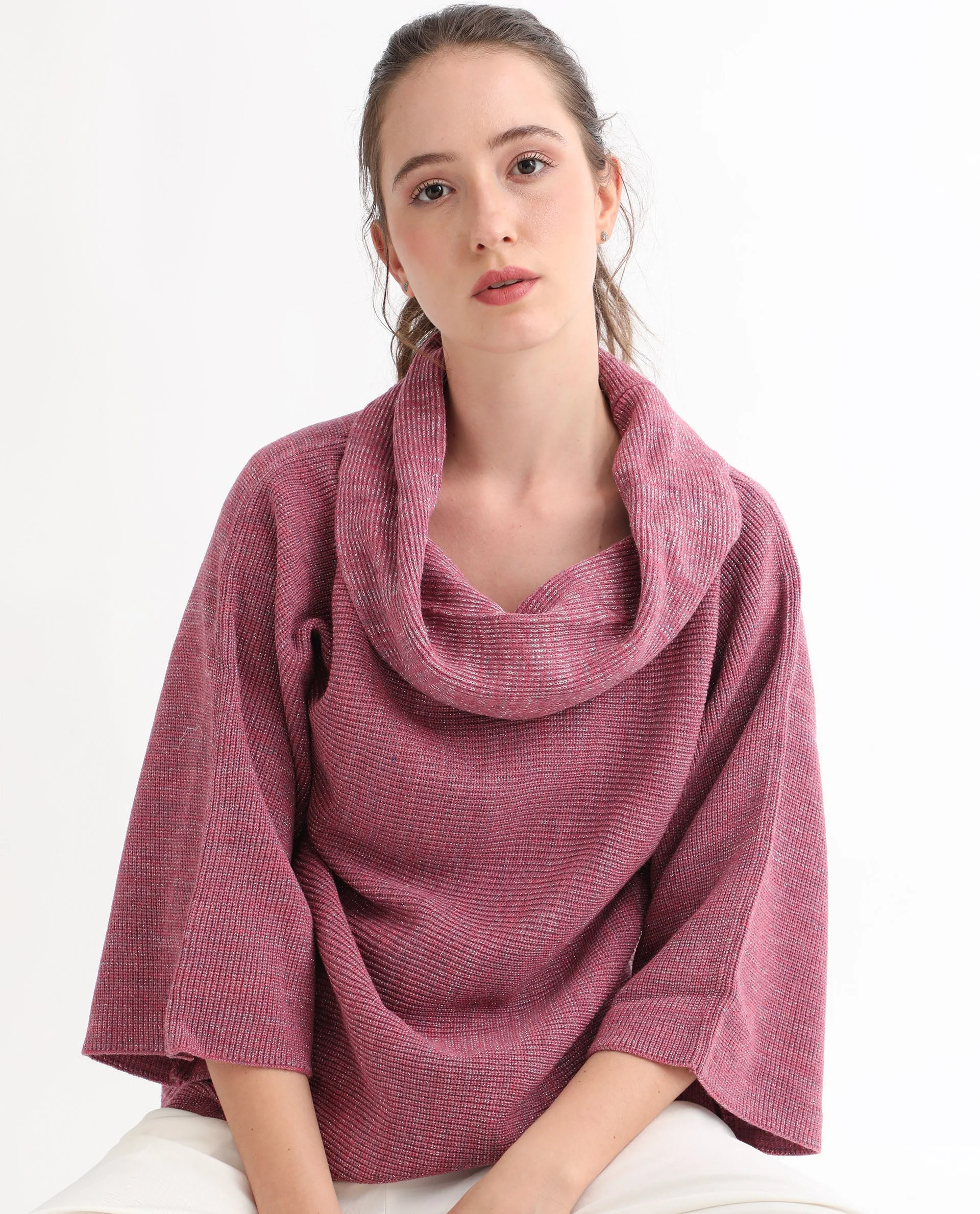 Rareism Women's Innov Pink Polyester Cowl Neck Plain Knee Length Relaxed Fit Sweater - Image 3