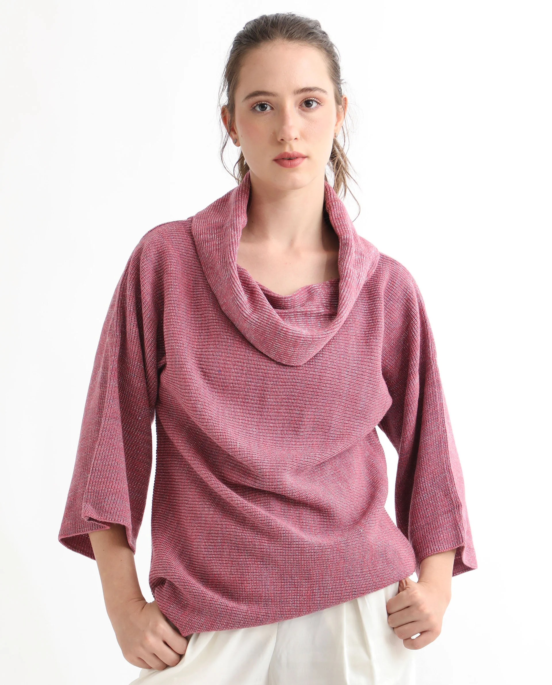 Rareism Women's Innov Pink Polyester Cowl Neck Plain Knee Length Relaxed Fit Sweater - Image 4