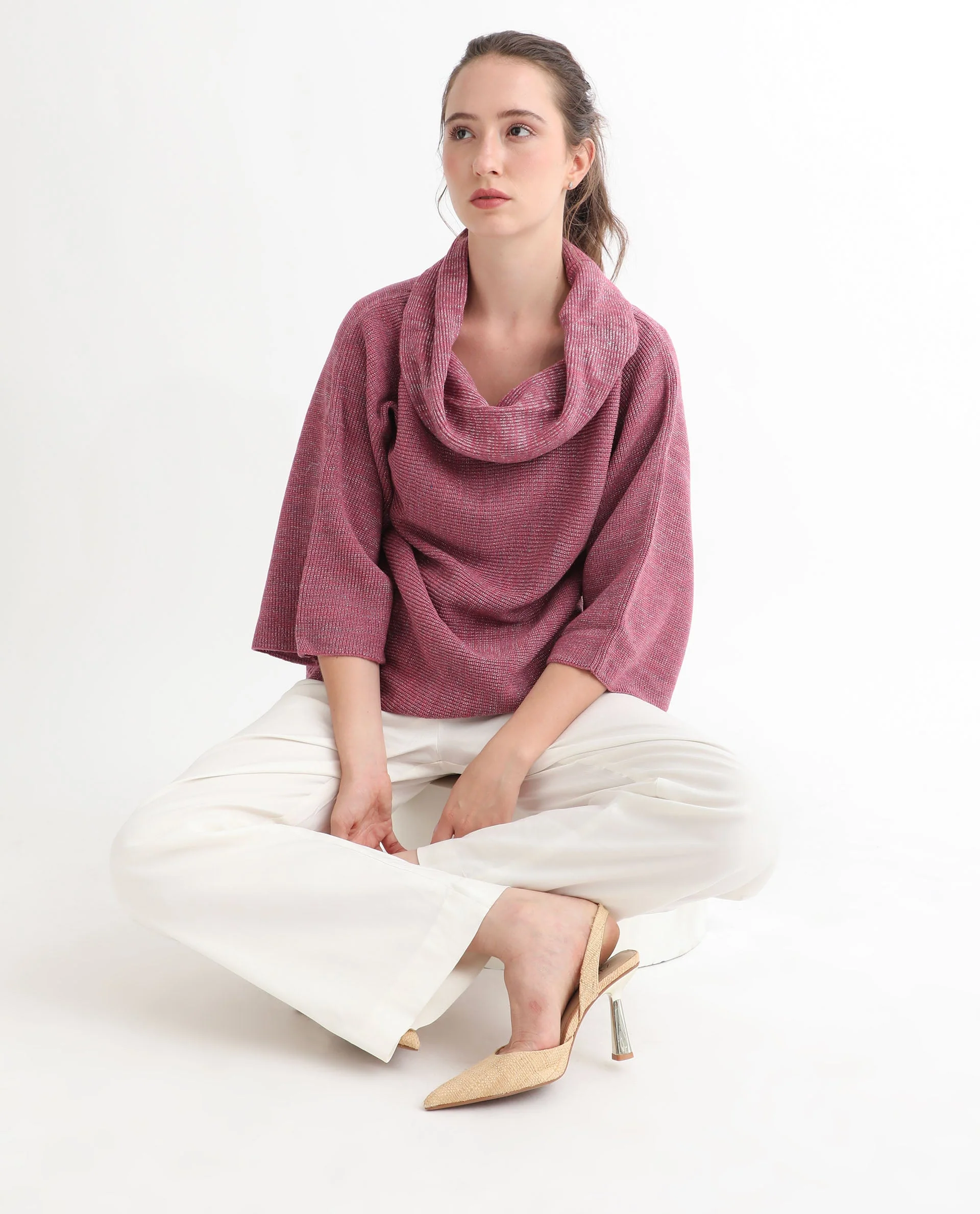 Rareism Women's Innov Pink Polyester Cowl Neck Plain Knee Length Relaxed Fit Sweater - Image 5