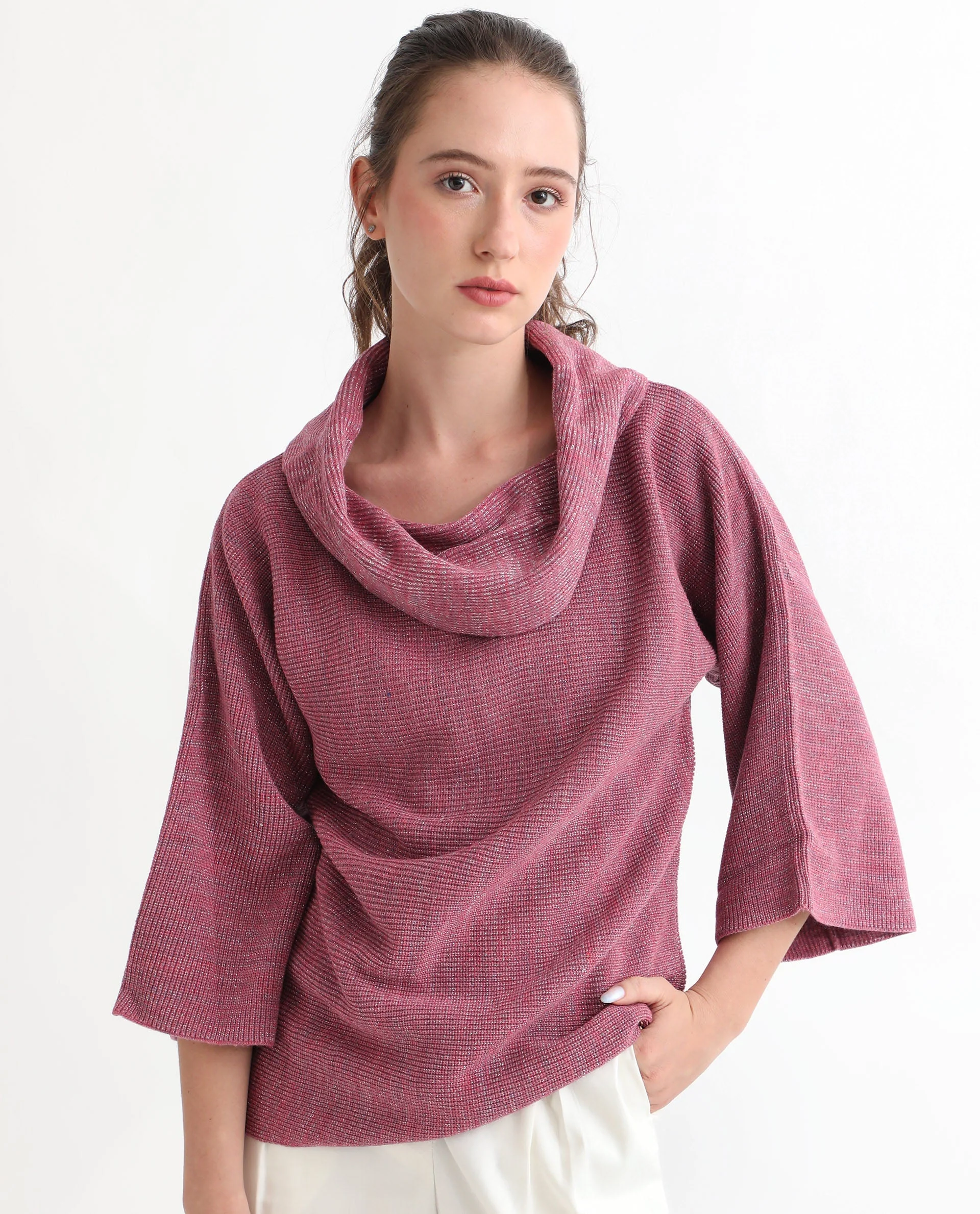 Rareism Women's Innov Pink Polyester Cowl Neck Plain Knee Length Relaxed Fit Sweater - Image 6
