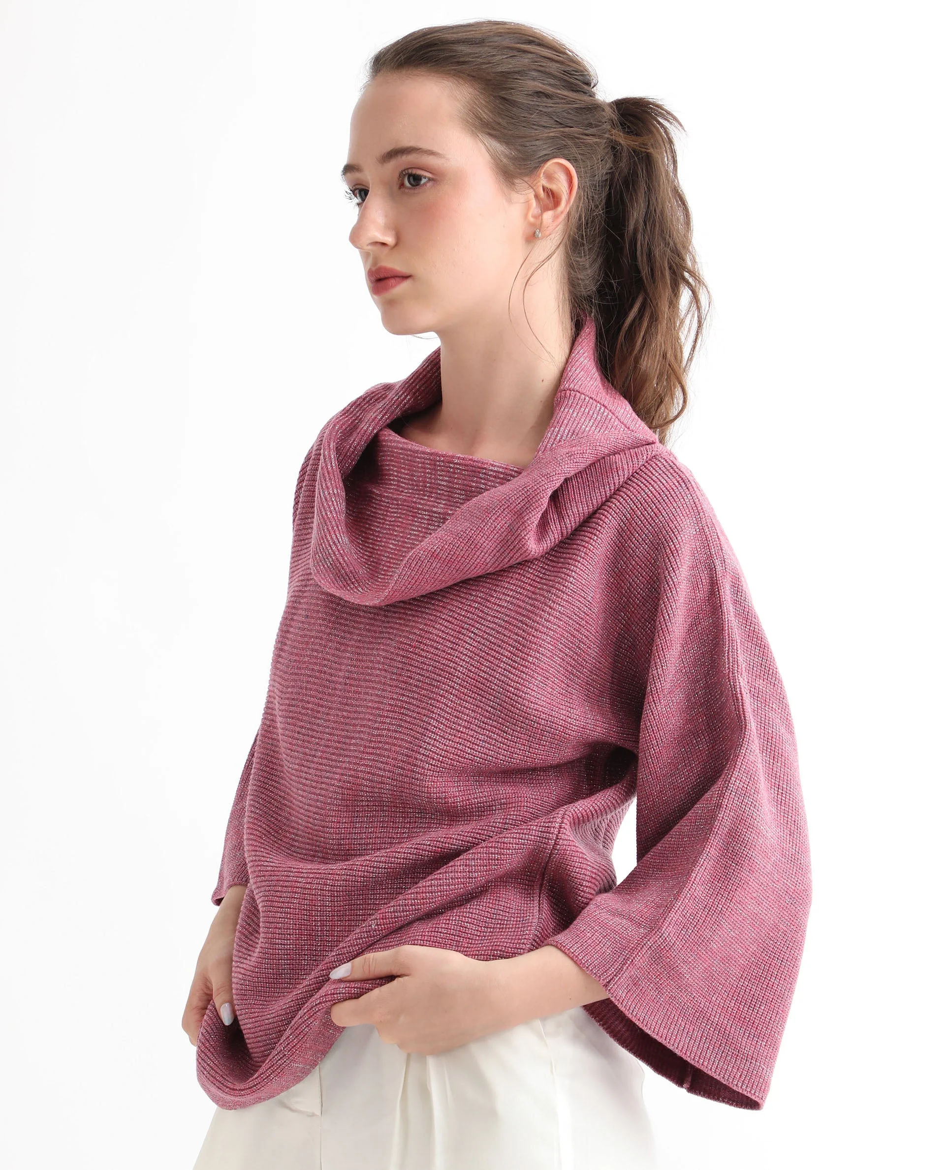 Rareism Women's Innov Pink Polyester Cowl Neck Plain Knee Length Relaxed Fit Sweater - Image 7