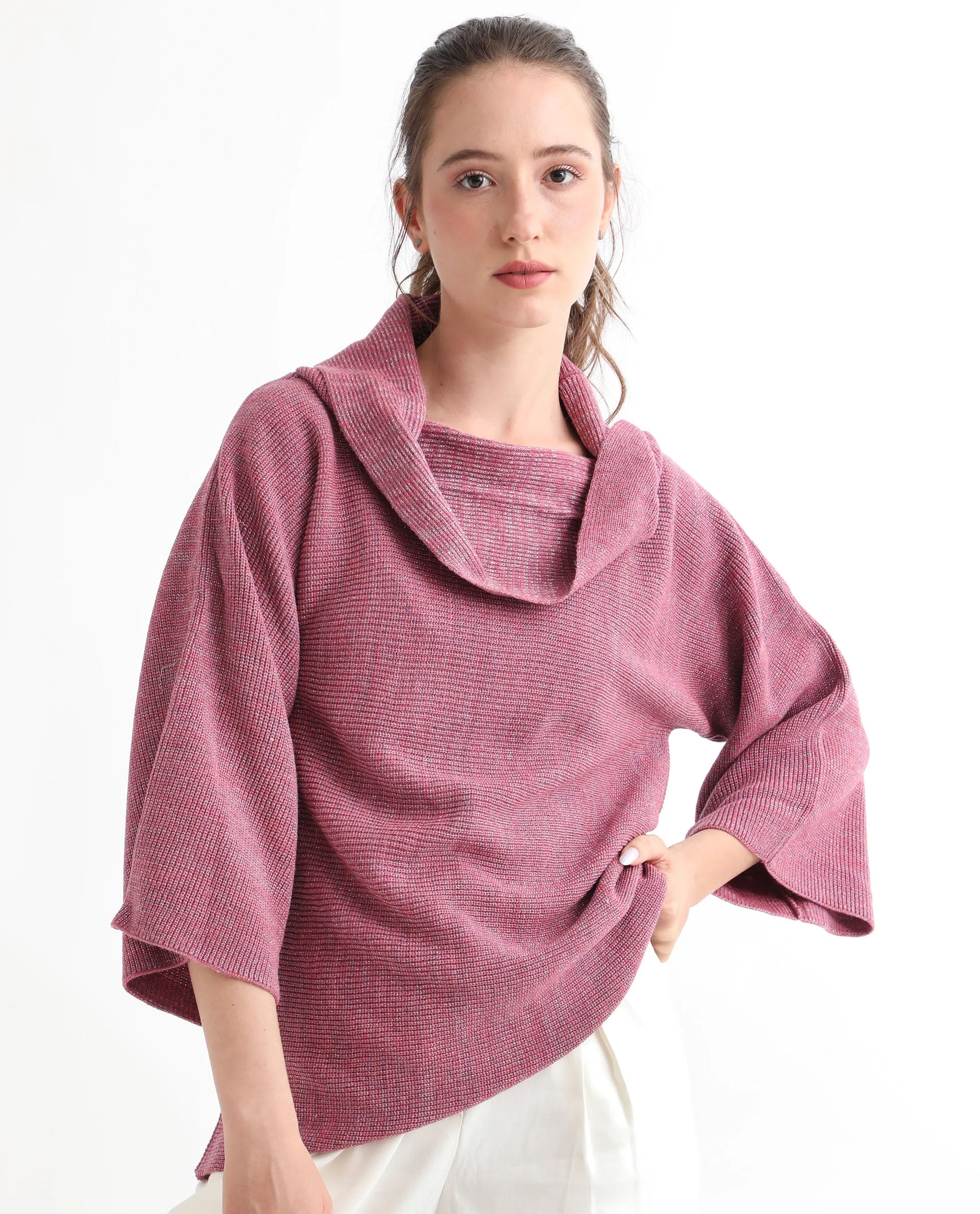 Rareism Women's Innov Pink Polyester Cowl Neck Plain Knee Length Relaxed Fit Sweater - Image 8