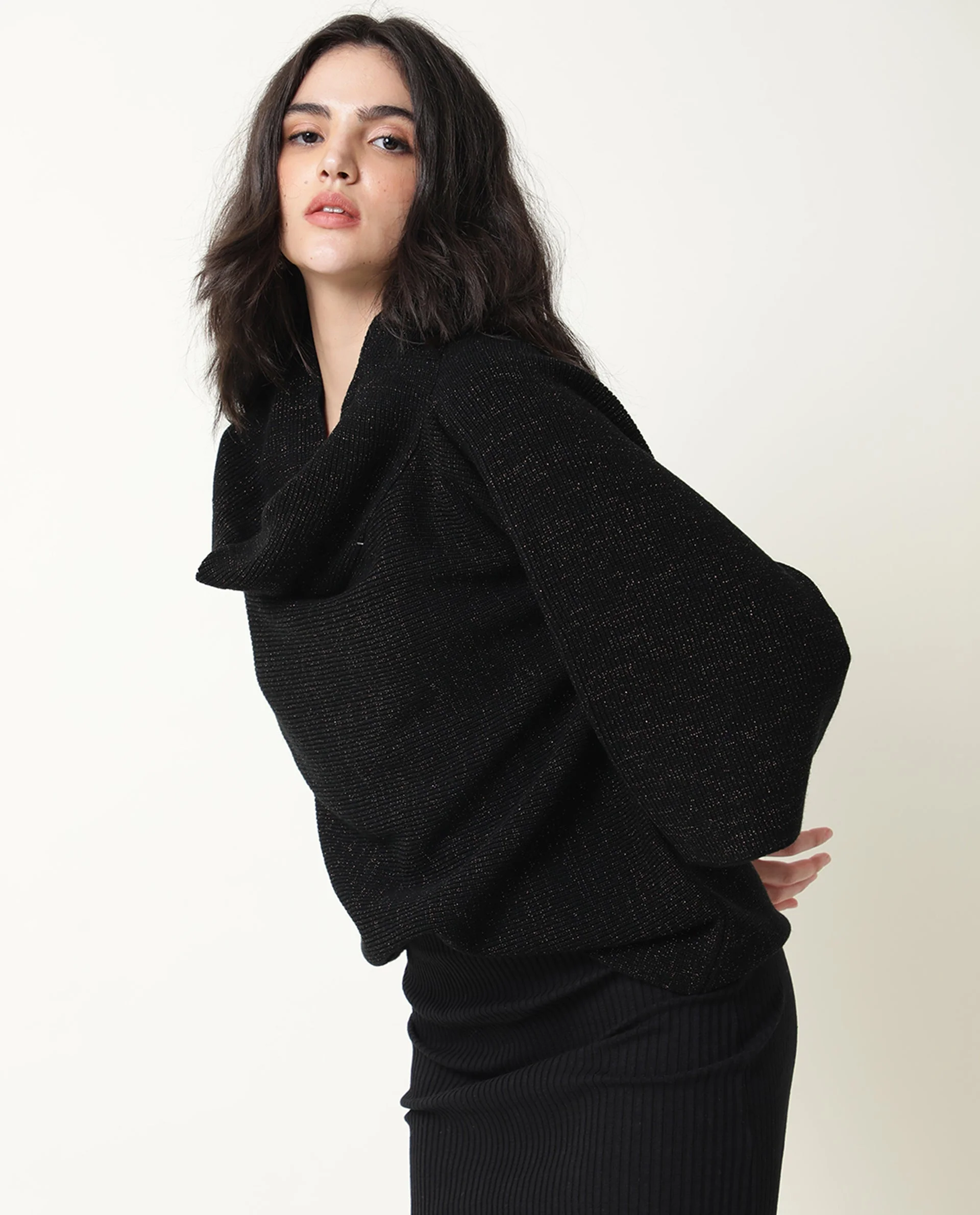 Rareism Women's Innov Black Polyester Cowl Neck Plain Knee Length Relaxed Fit Sweater