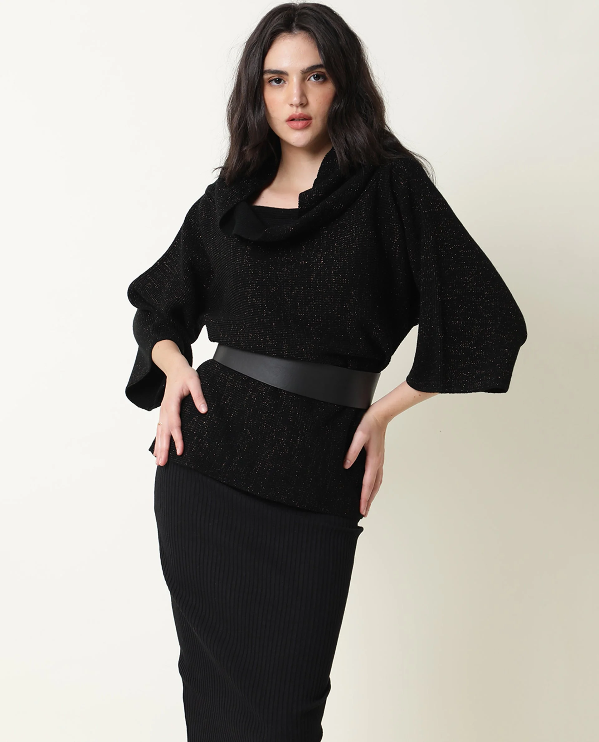 Rareism Women's Innov Black Polyester Cowl Neck Plain Knee Length Relaxed Fit Sweater - Image 10