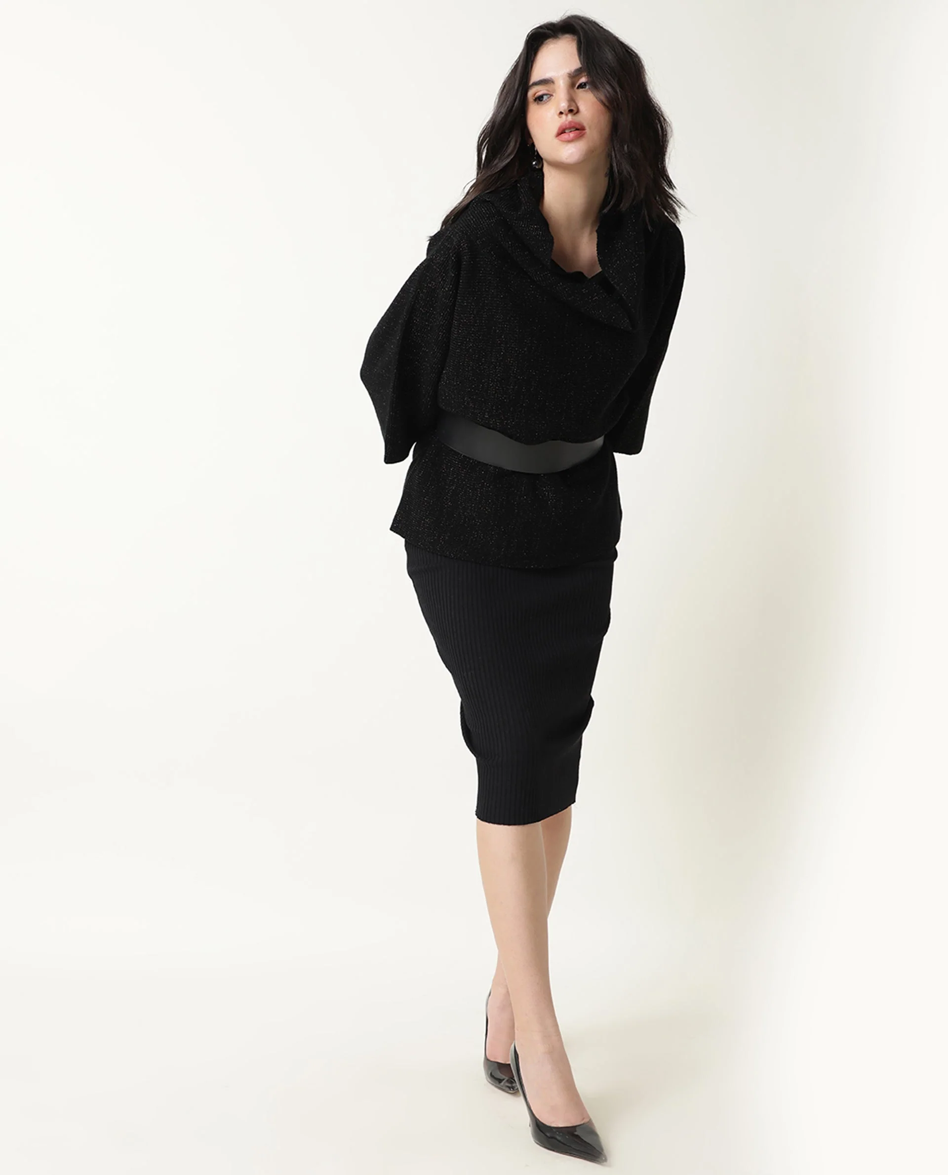 Rareism Women's Innov Black Polyester Cowl Neck Plain Knee Length Relaxed Fit Sweater - Image 11