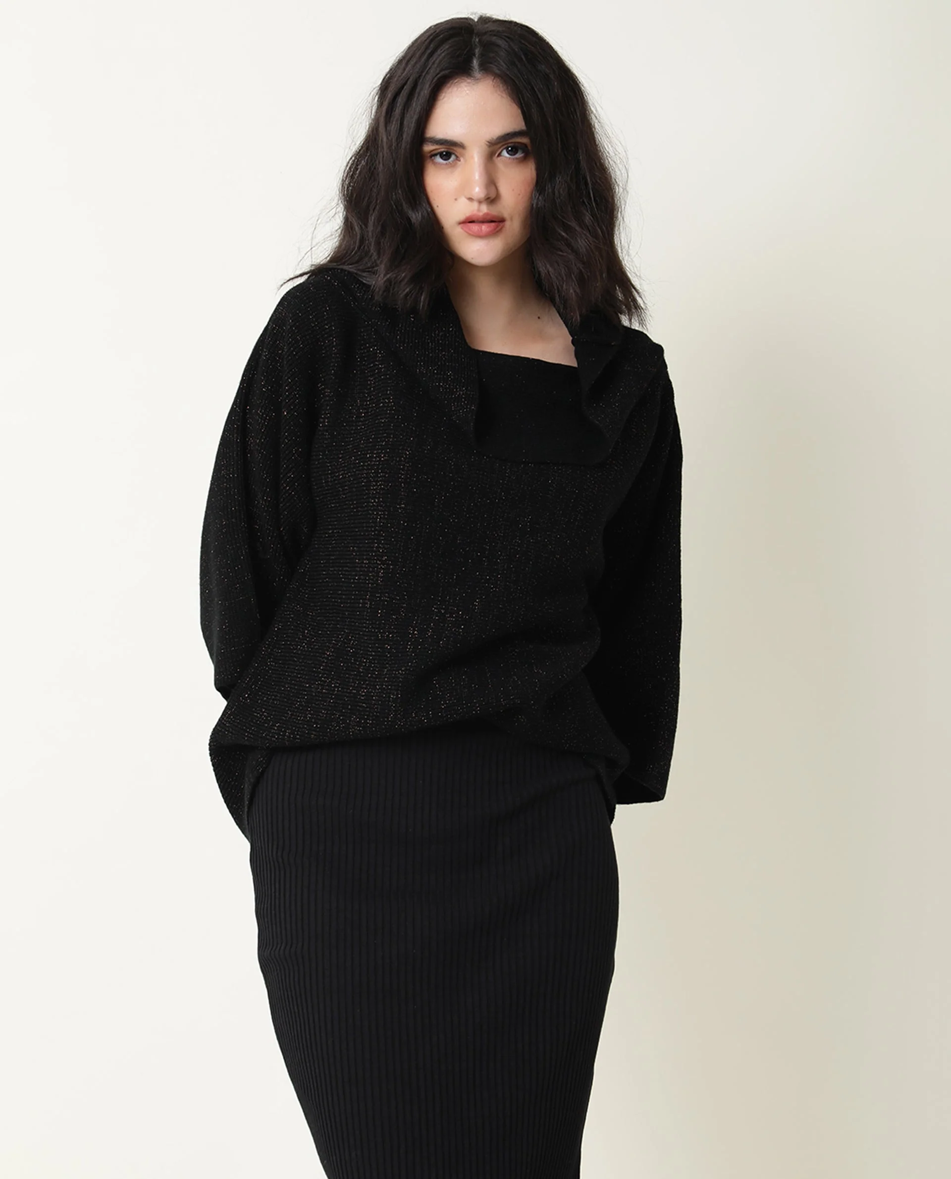 Rareism Women's Innov Black Polyester Cowl Neck Plain Knee Length Relaxed Fit Sweater - Image 3