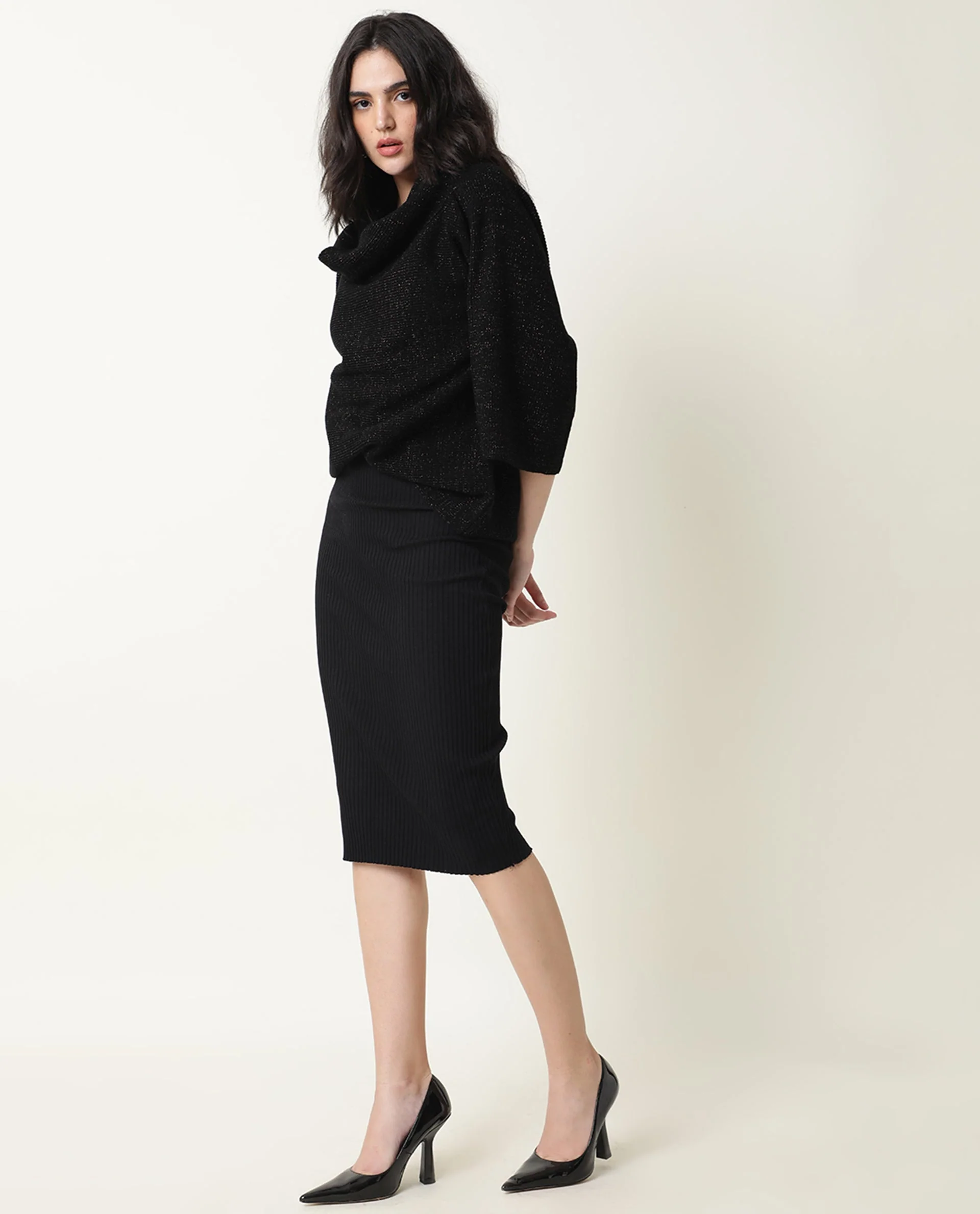 Rareism Women's Innov Black Polyester Cowl Neck Plain Knee Length Relaxed Fit Sweater - Image 4