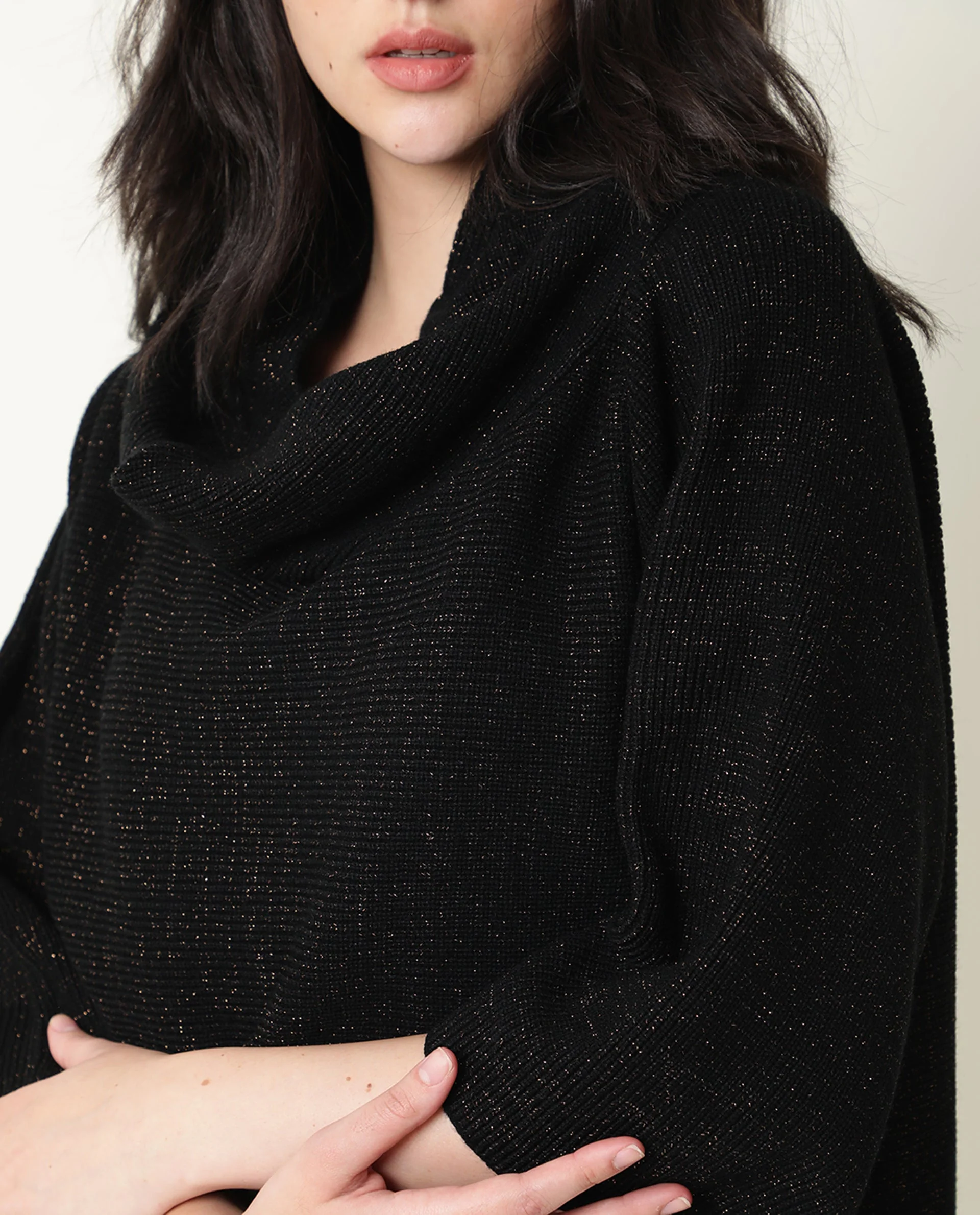 Rareism Women's Innov Black Polyester Cowl Neck Plain Knee Length Relaxed Fit Sweater - Image 5