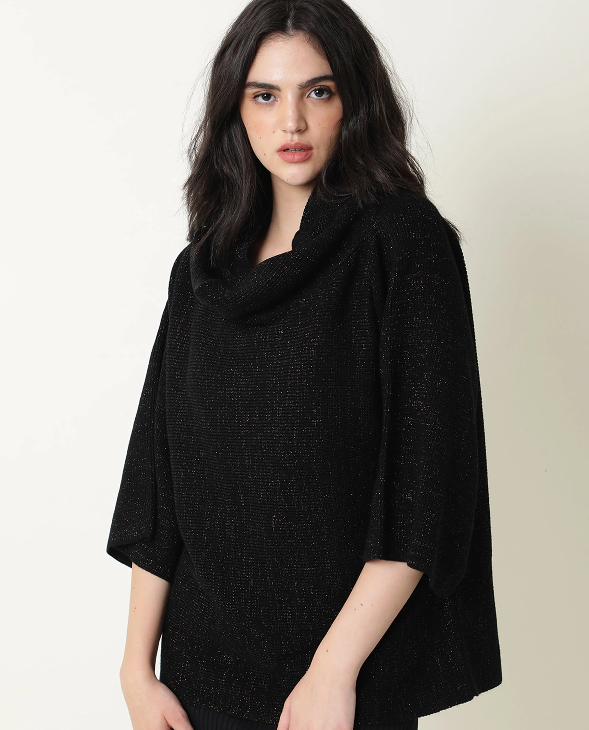 Rareism Women's Innov Black Polyester Cowl Neck Plain Knee Length Relaxed Fit Sweater - Image 6