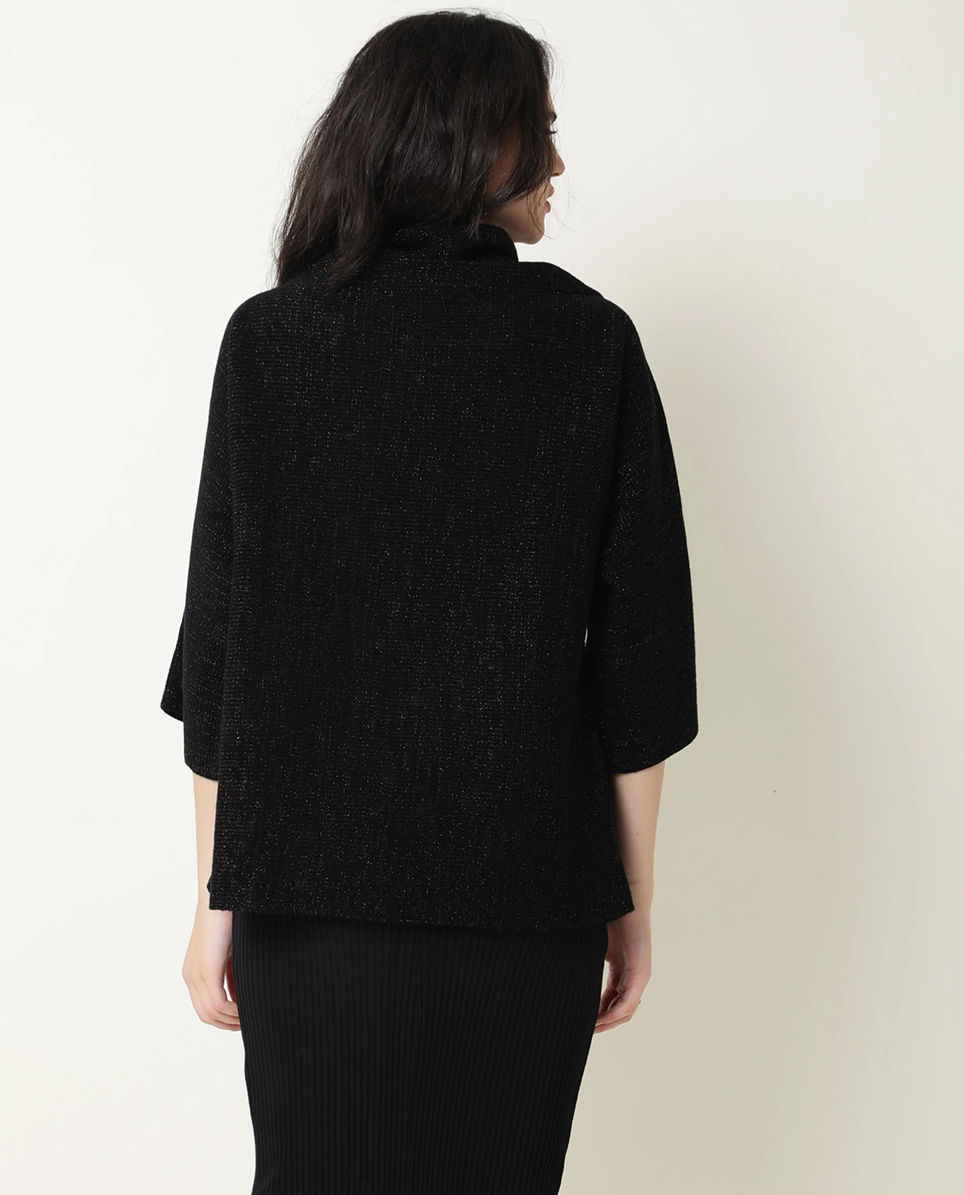 Rareism Women's Innov Black Polyester Cowl Neck Plain Knee Length Relaxed Fit Sweater - Image 7