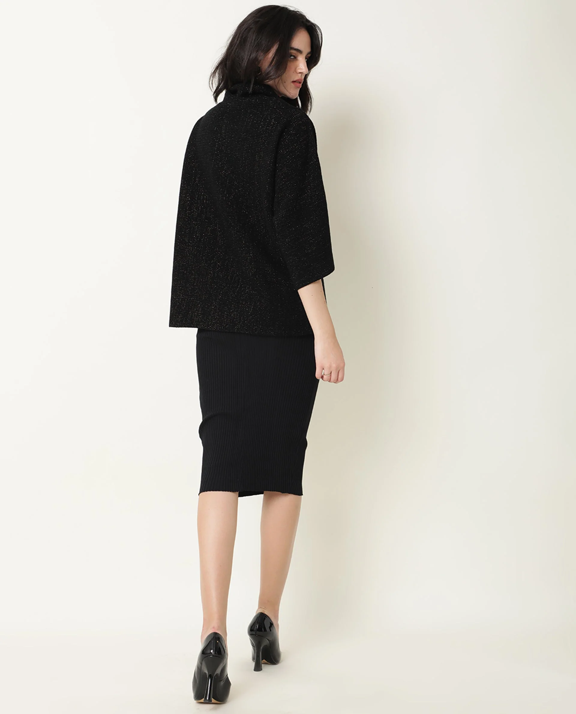 Rareism Women's Innov Black Polyester Cowl Neck Plain Knee Length Relaxed Fit Sweater - Image 8