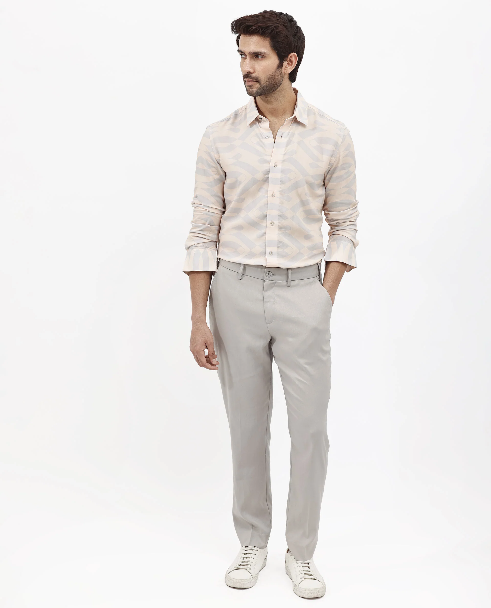 Rare Rabbit Men's Inot Pastel Peach Viscose Abstract Print Regular Fit Full Sleeve Collared Shirt - Image 2