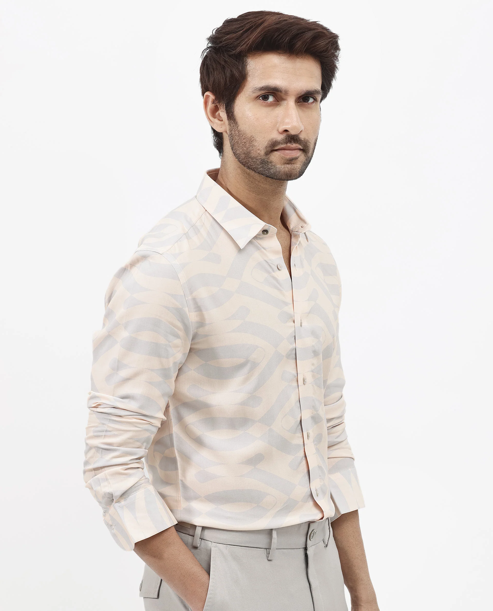 Rare Rabbit Men's Inot Pastel Peach Viscose Abstract Print Regular Fit Full Sleeve Collared Shirt - Image 3