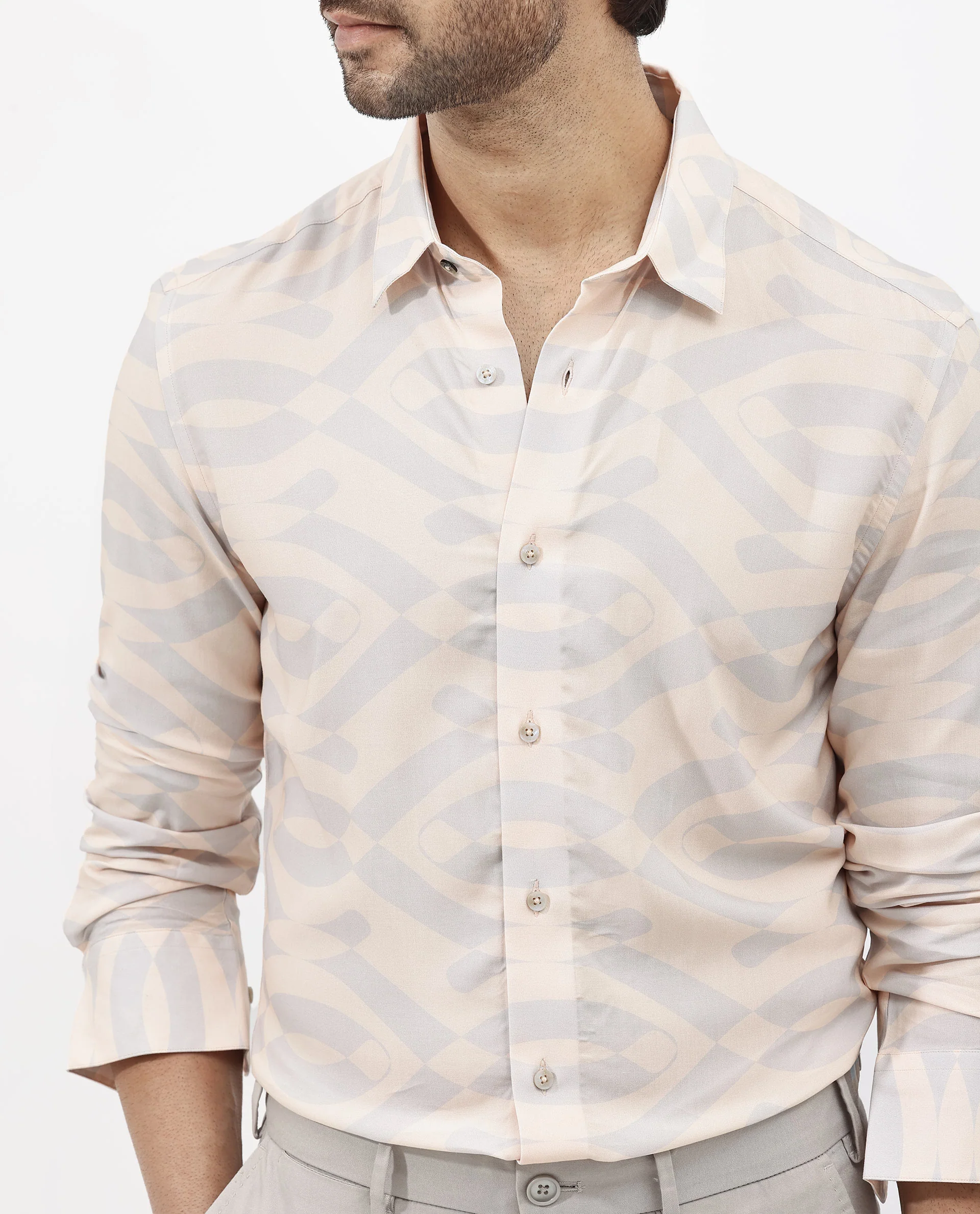 Rare Rabbit Men's Inot Pastel Peach Viscose Abstract Print Regular Fit Full Sleeve Collared Shirt - Image 5