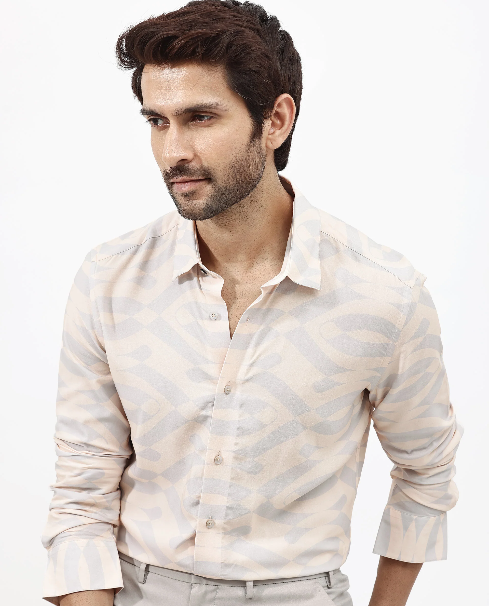Rare Rabbit Men's Inot Pastel Peach Viscose Abstract Print Regular Fit Full Sleeve Collared Shirt - Image 6