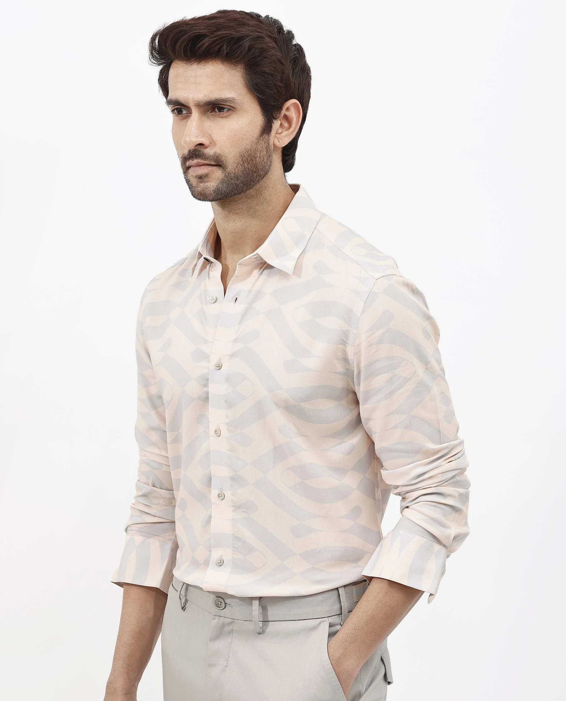 Rare Rabbit Men's Inot Pastel Peach Viscose Abstract Print Regular Fit Full Sleeve Collared Shirt - Image 8