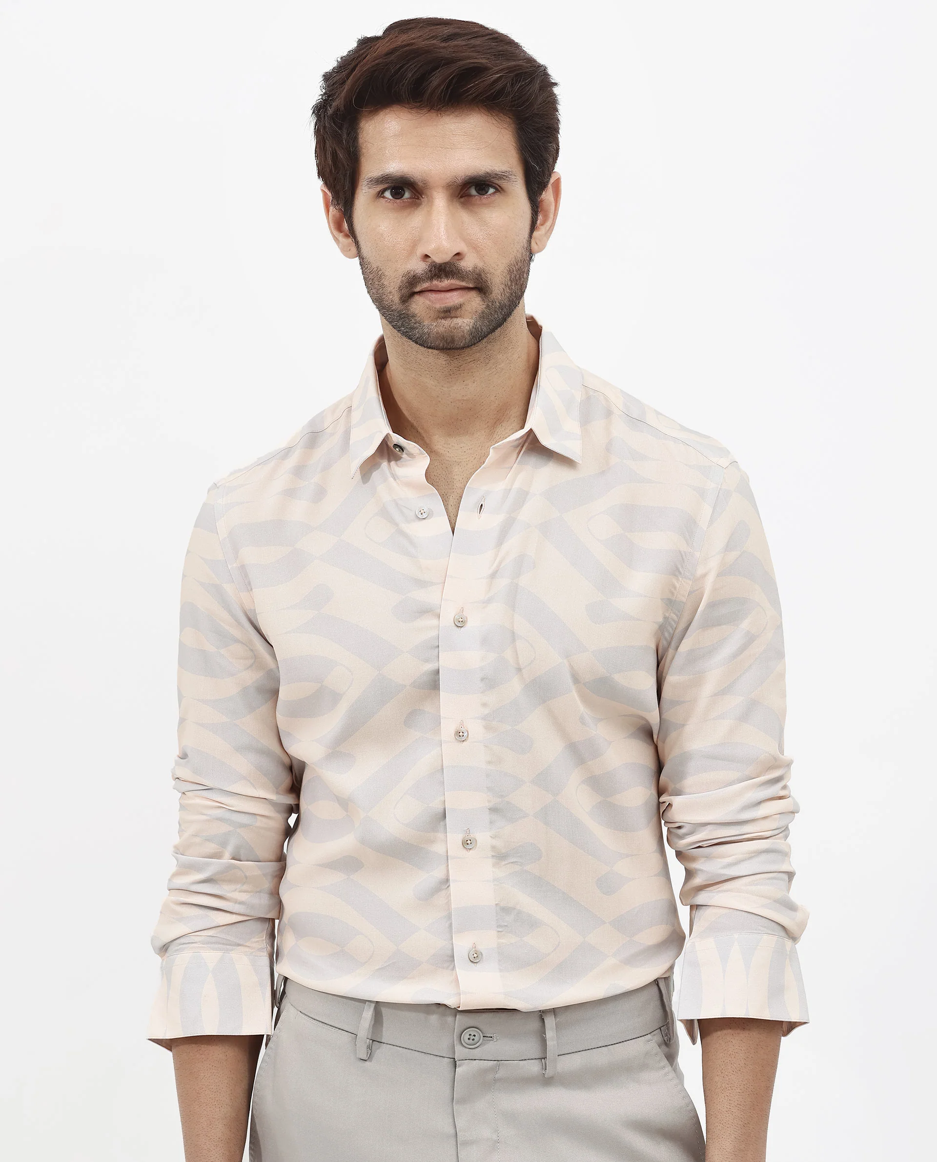 Rare Rabbit Men's Inot Pastel Peach Viscose Abstract Print Regular Fit Full Sleeve Collared Shirt - Image 9