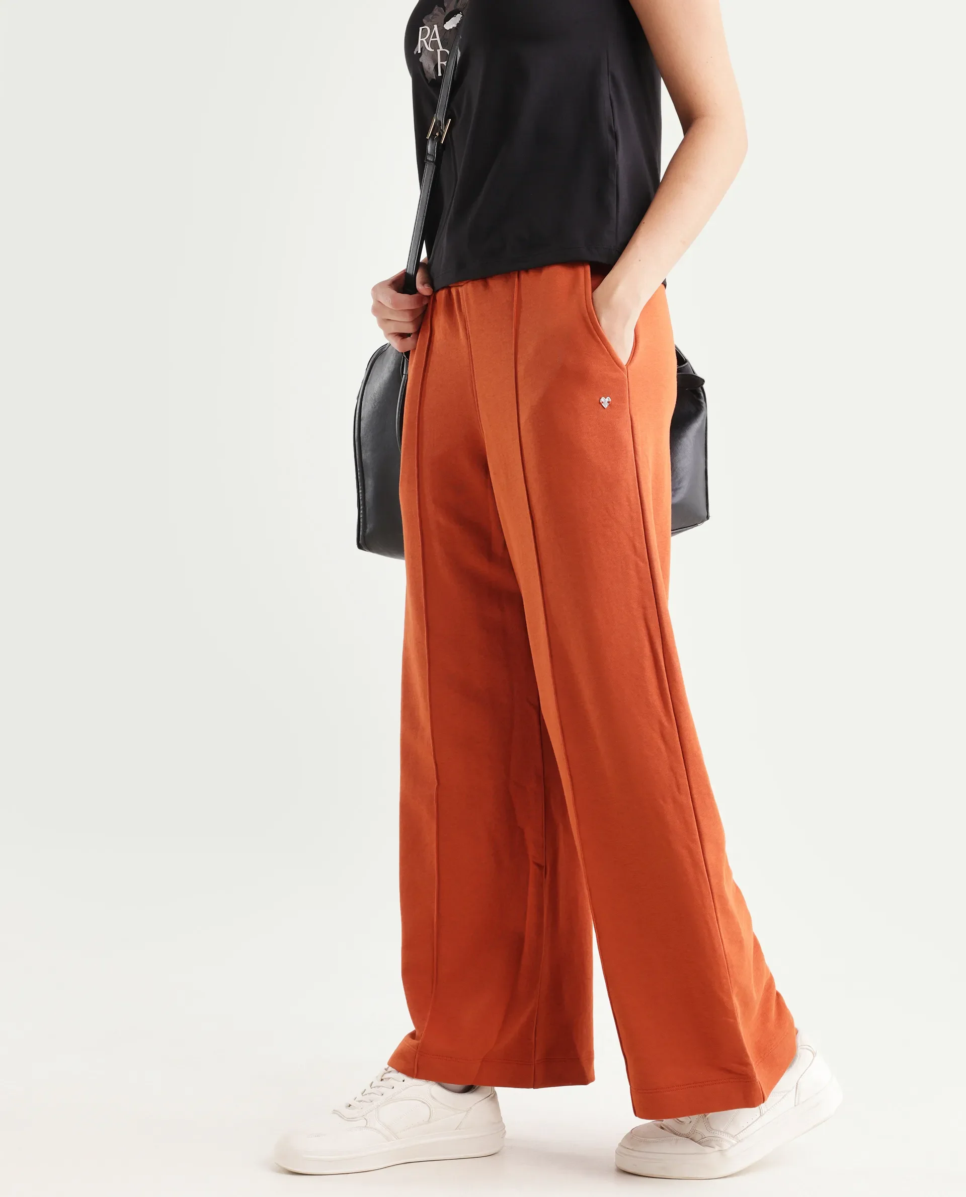 Rareism Women's Inout Rust Cotton Blend Plain Ankle Length Wide Track Pant - Image 3