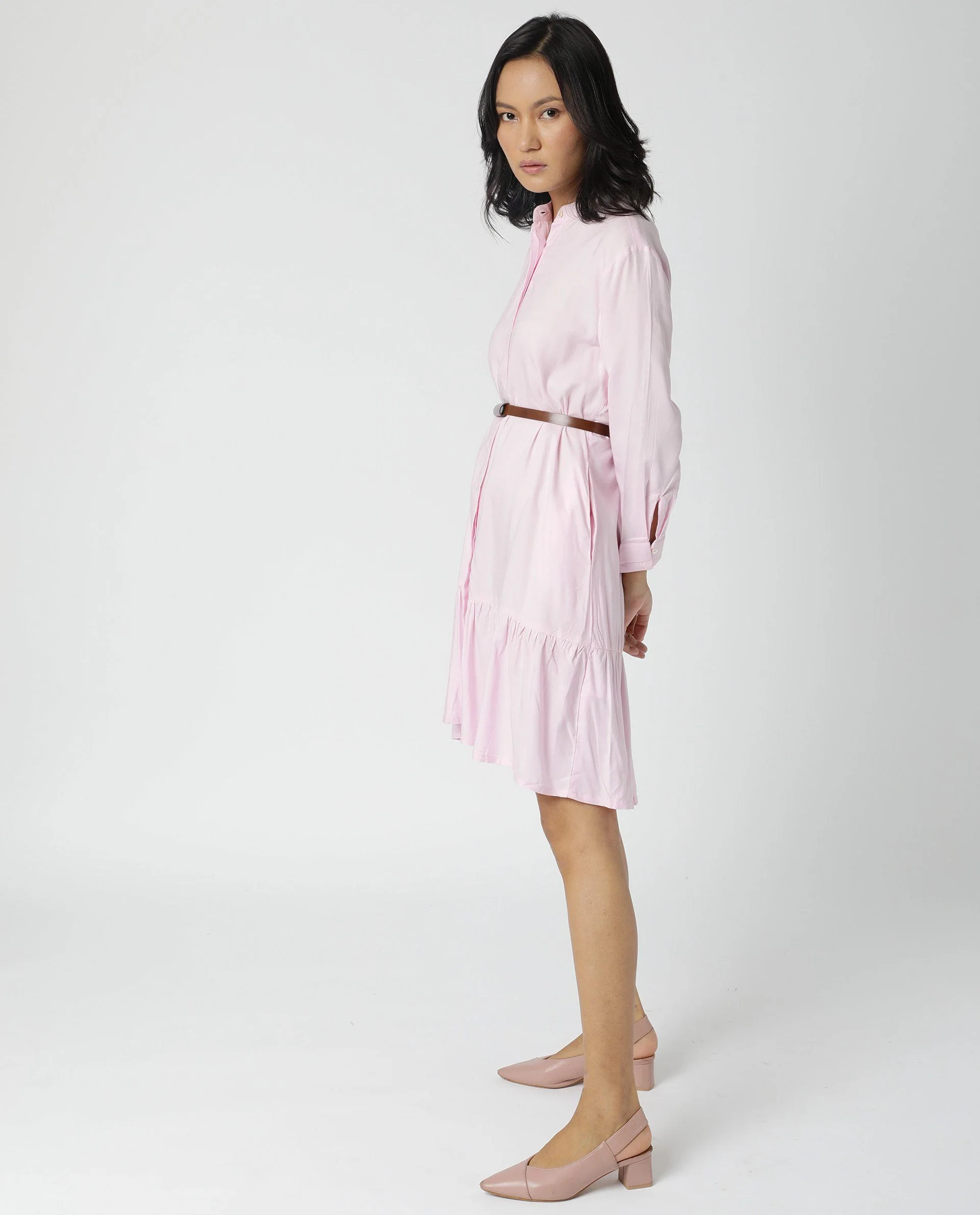 Rareism Women's Insert Pink Viscose Mandarin Collar Plain Knee Length Regular Fit Dress - Image 2
