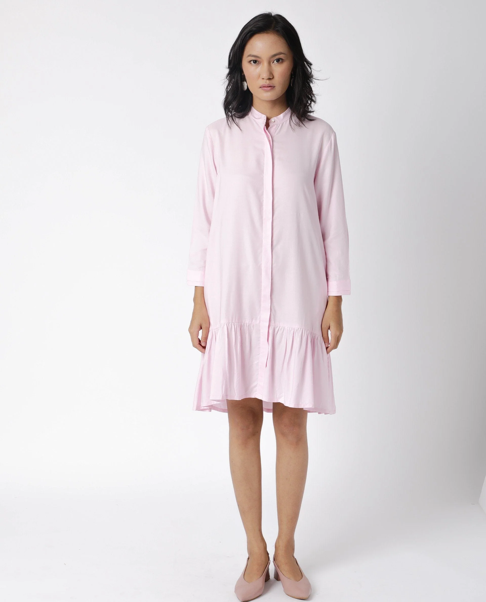Rareism Women's Insert Pink Viscose Mandarin Collar Plain Knee Length Regular Fit Dress - Image 3