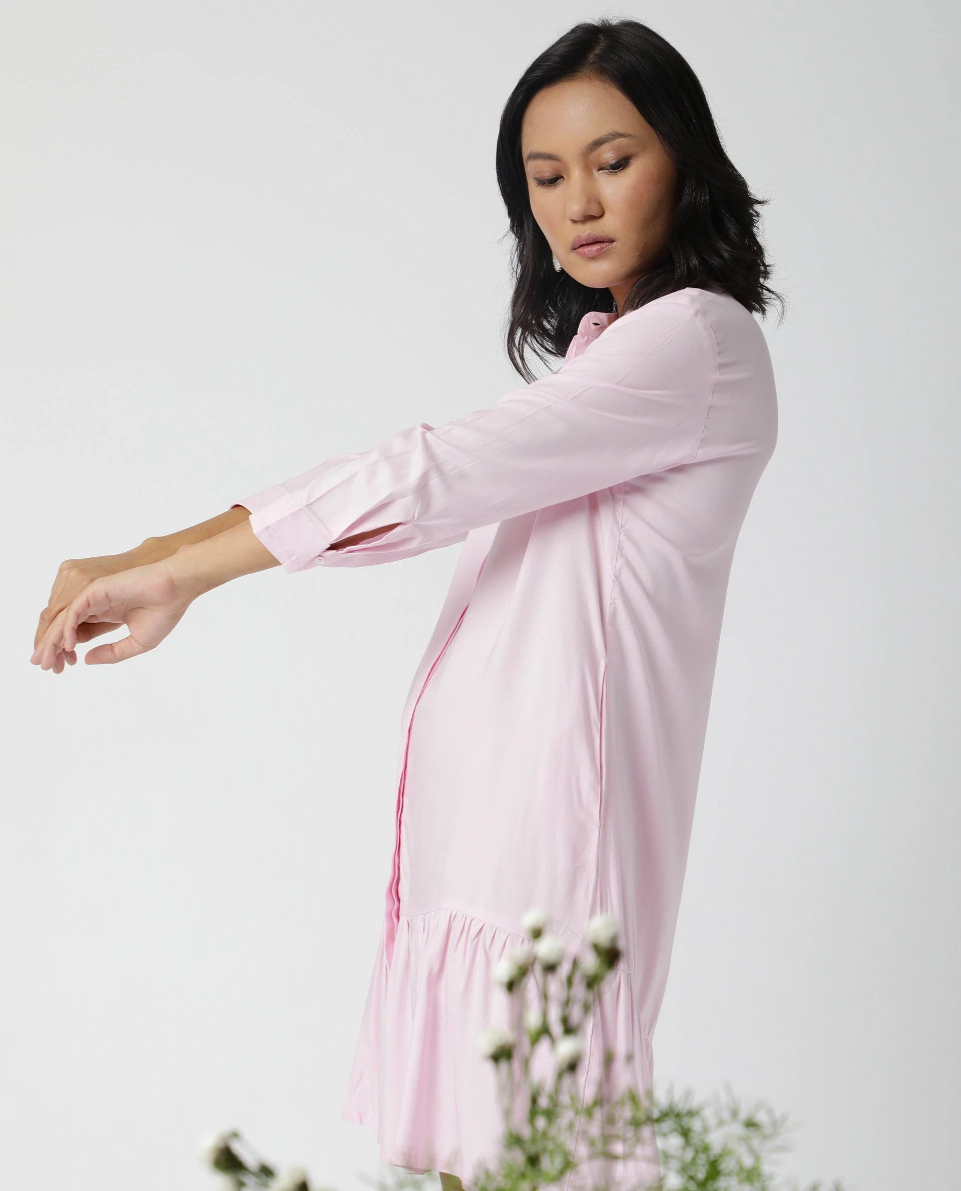 Rareism Women's Insert Pink Viscose Mandarin Collar Plain Knee Length Regular Fit Dress - Image 4
