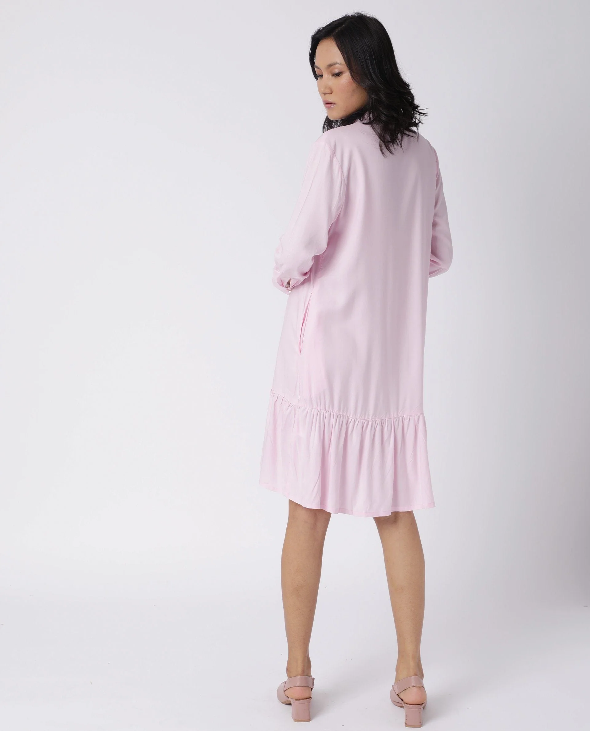 Rareism Women's Insert Pink Viscose Mandarin Collar Plain Knee Length Regular Fit Dress - Image 5