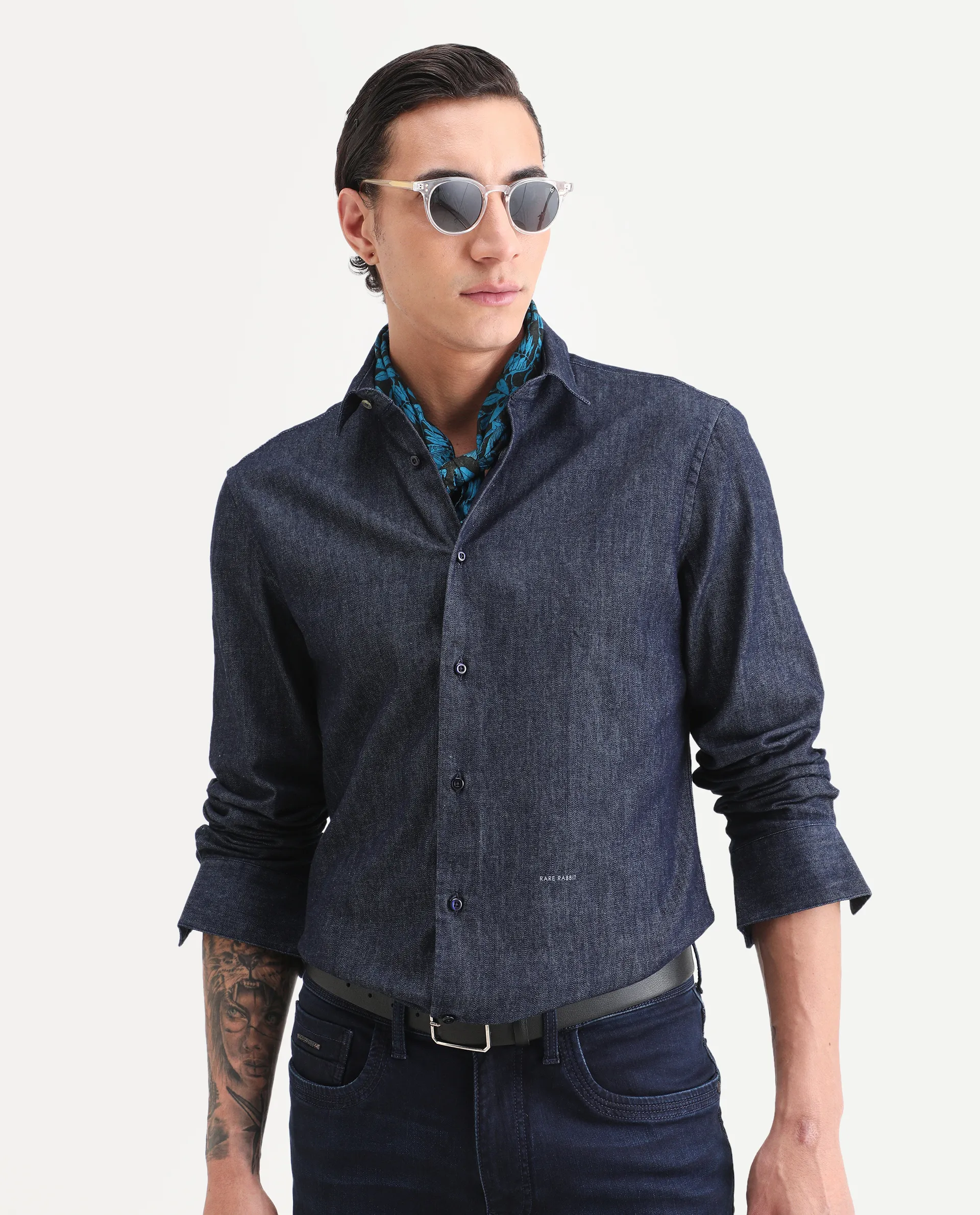 Rare Rabbit Men's Insti Dark Blue Cotton Fabric Full Sleeve Spread Collar Regular Fit Plain Shirt