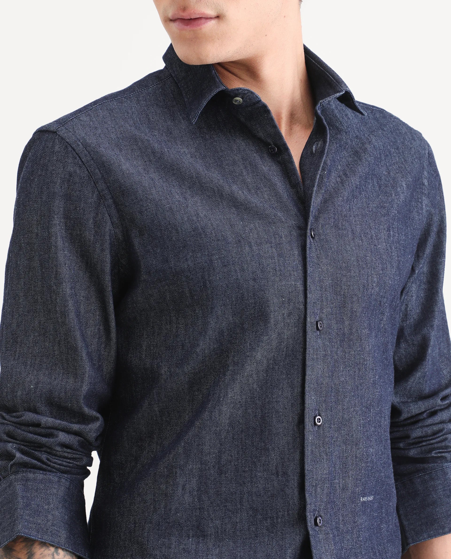 Rare Rabbit Men's Insti Dark Blue Cotton Fabric Full Sleeve Spread Collar Regular Fit Plain Shirt - Image 3