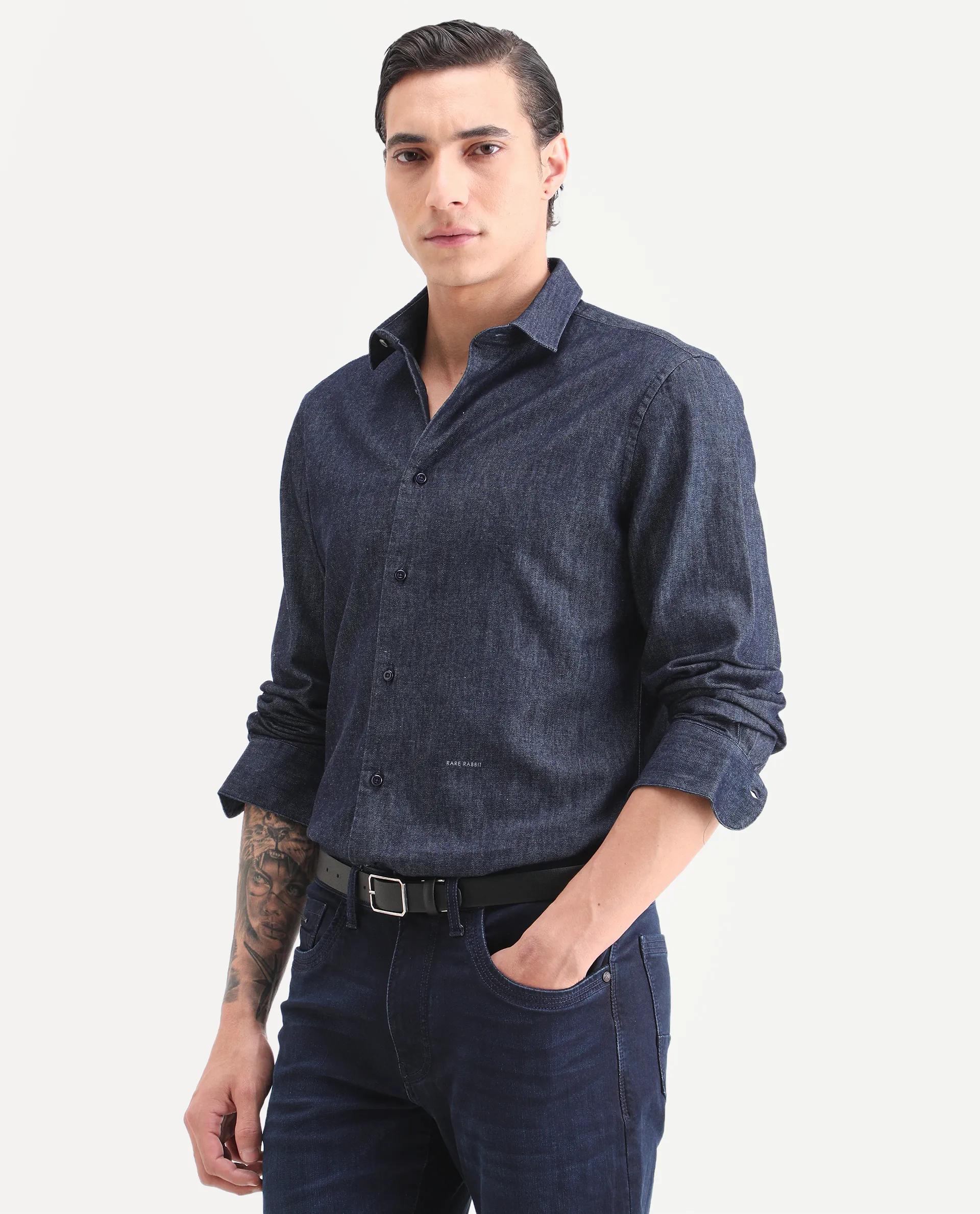 Rare Rabbit Men's Insti Dark Blue Cotton Fabric Full Sleeve Spread Collar Regular Fit Plain Shirt - Image 4