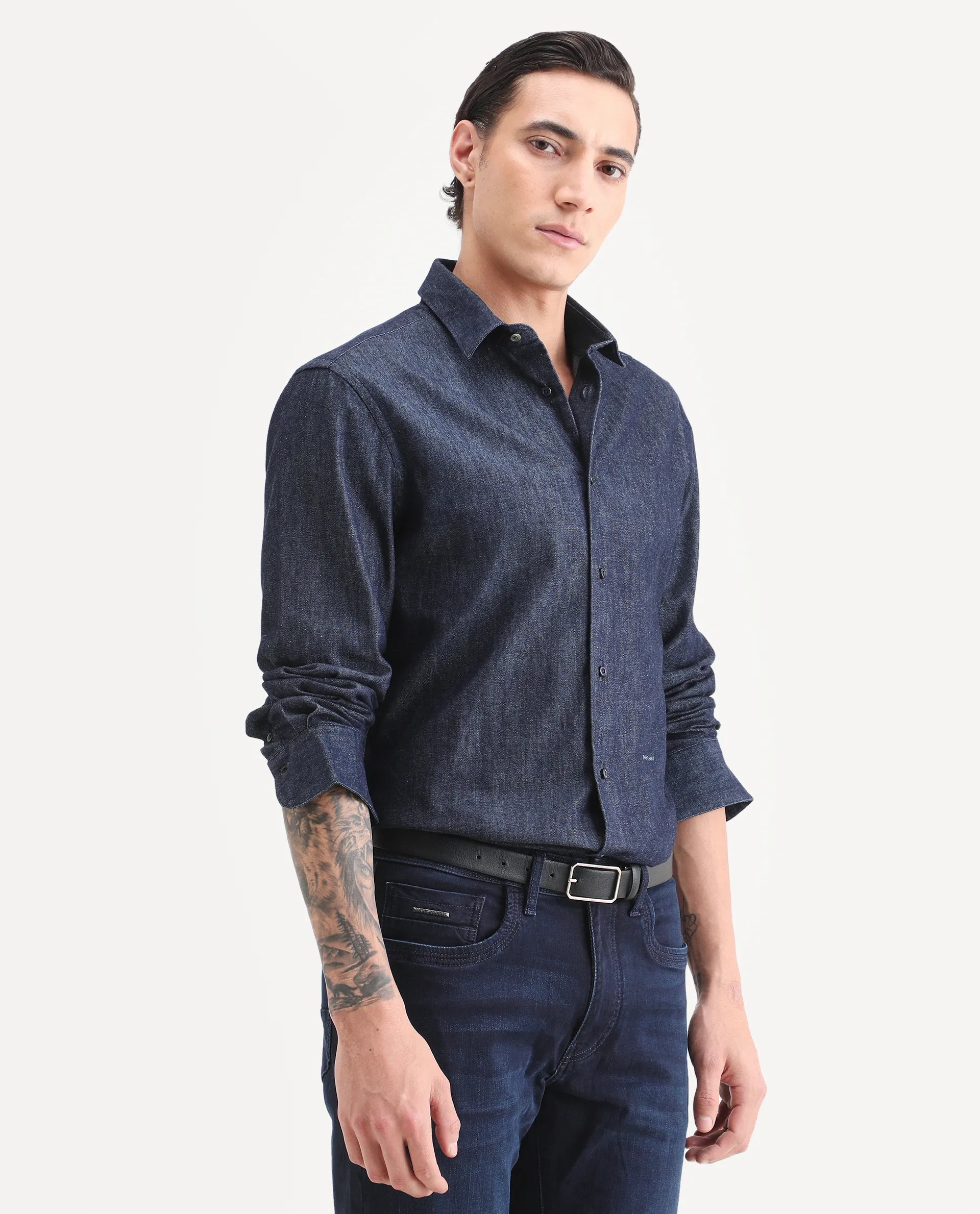 Rare Rabbit Men's Insti Dark Blue Cotton Fabric Full Sleeve Spread Collar Regular Fit Plain Shirt - Image 5