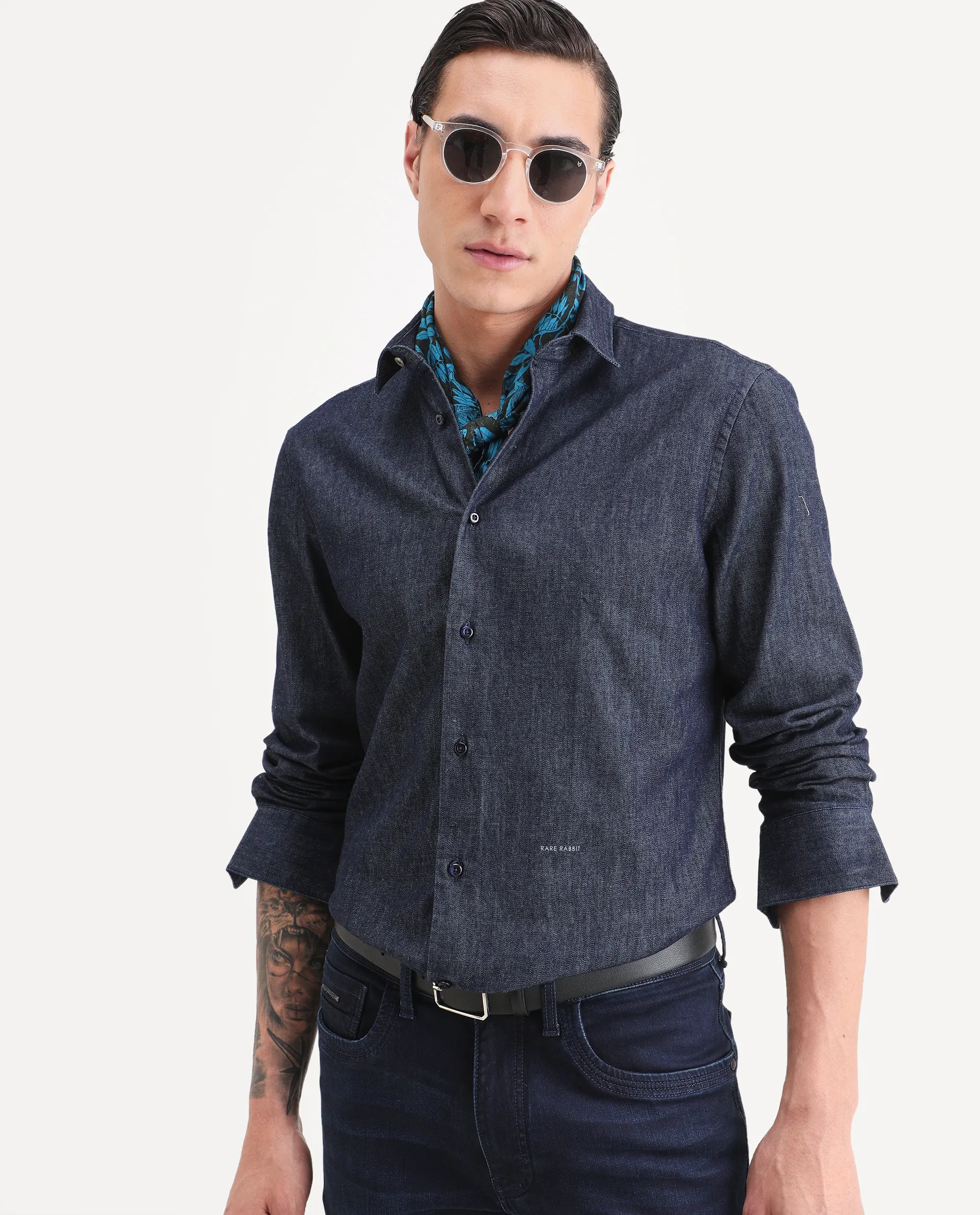 Rare Rabbit Men's Insti Dark Blue Cotton Fabric Full Sleeve Spread Collar Regular Fit Plain Shirt - Image 6