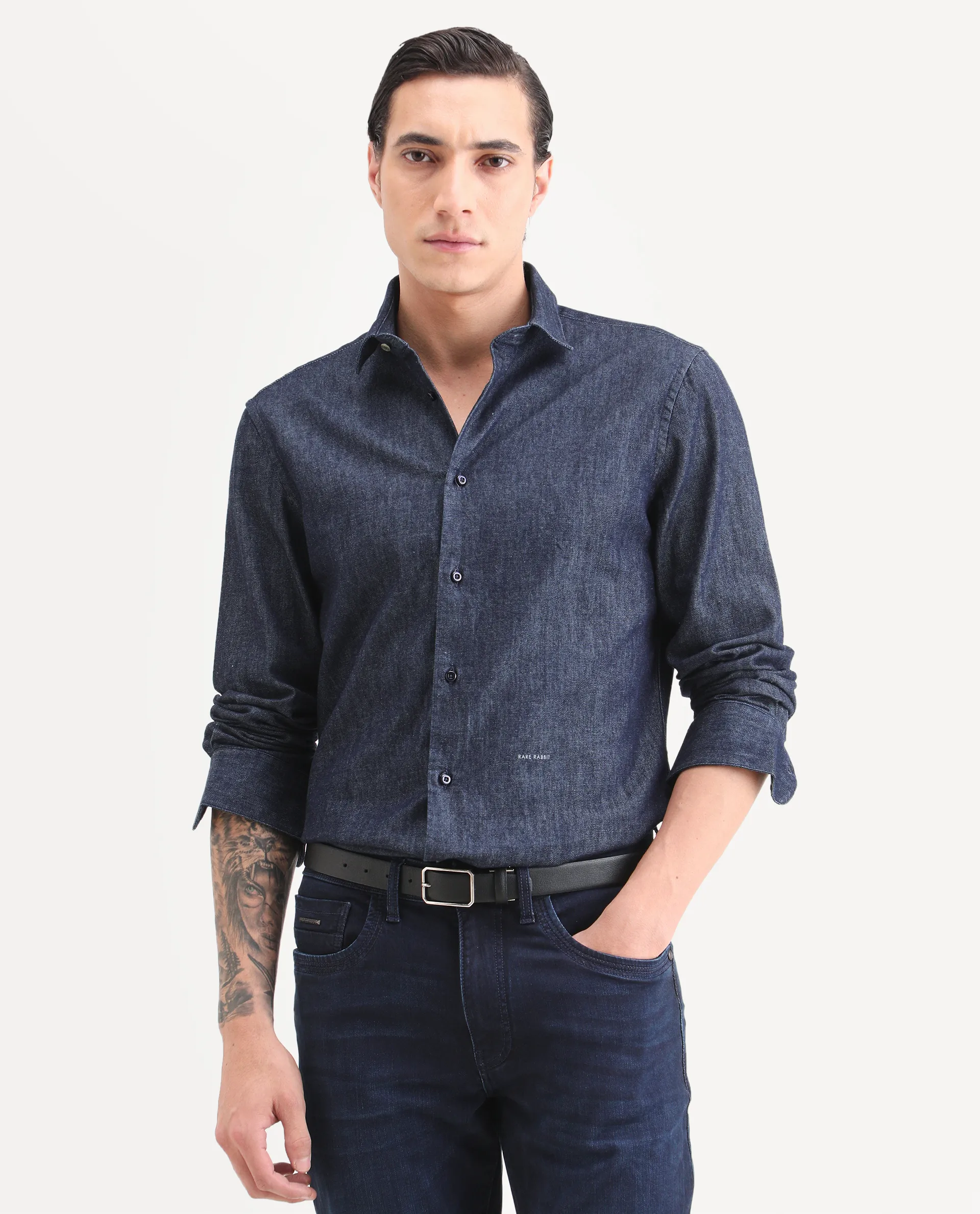 Rare Rabbit Men's Insti Dark Blue Cotton Fabric Full Sleeve Spread Collar Regular Fit Plain Shirt - Image 7