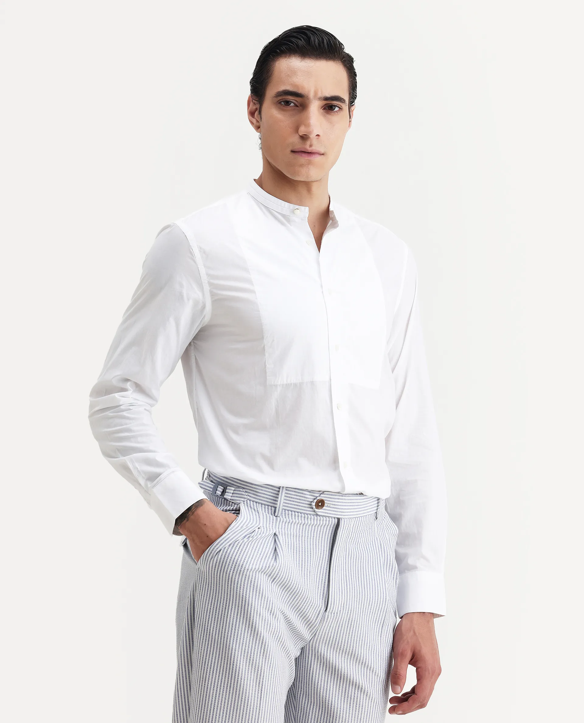 Rare Rabbit Men's Into White Cotton Plain Regular Fit Full Sleeve Mandarin Collar Shirt - Image 5