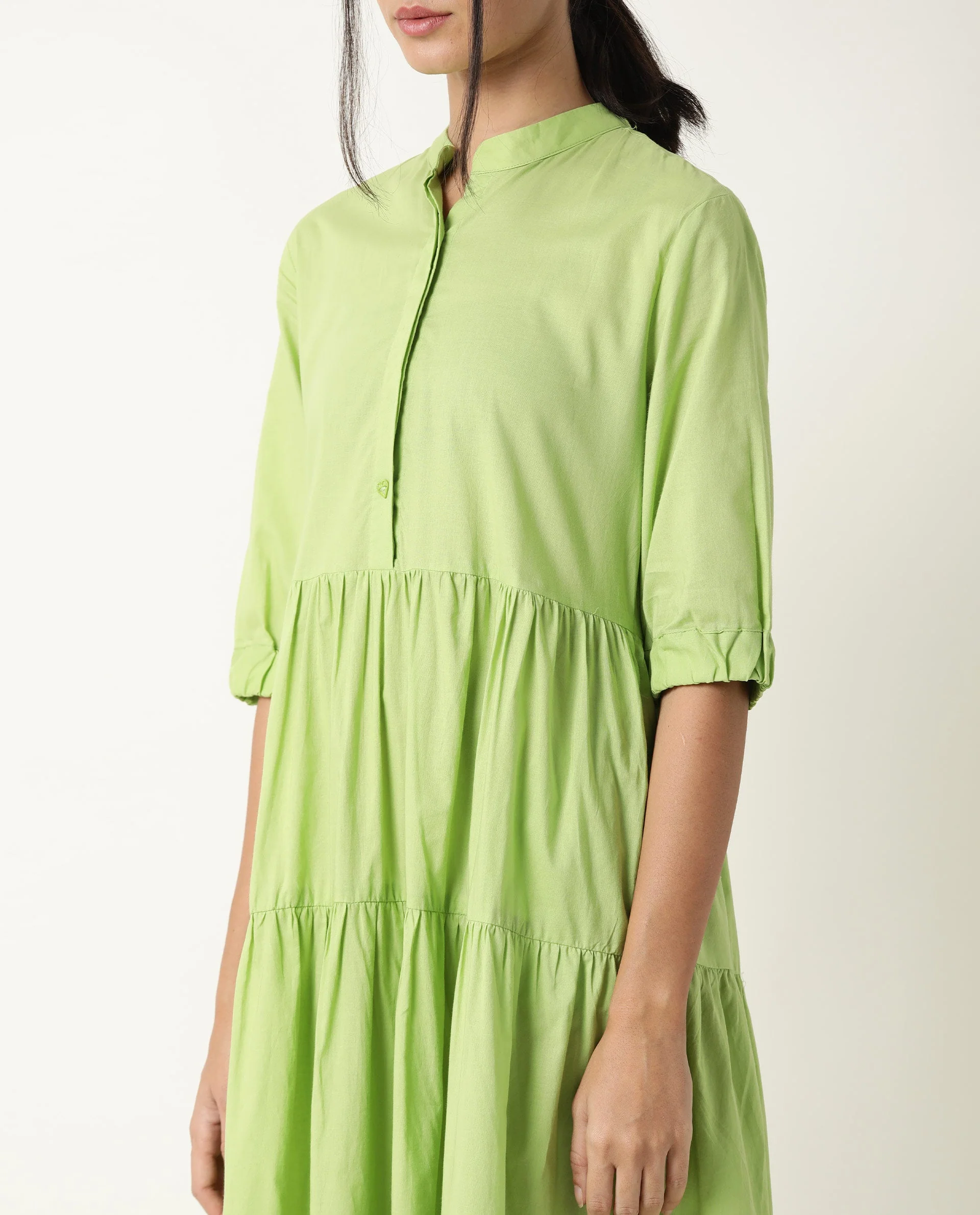 Rareism Womens Intro Green Dress Cotton Fabric Regular Fit Puff Sleeves Mandarin Neck - Image 2