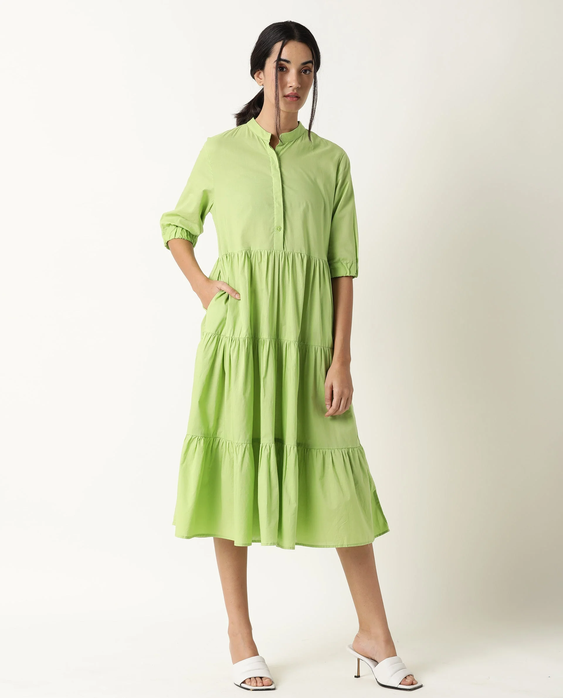Rareism Womens Intro Green Dress Cotton Fabric Regular Fit Puff Sleeves Mandarin Neck - Image 3