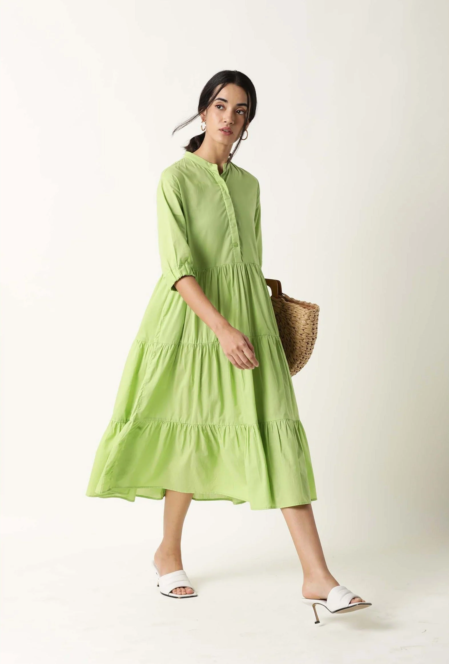 Rareism Womens Intro Green Dress Cotton Fabric Regular Fit Puff Sleeves Mandarin Neck - Image 4