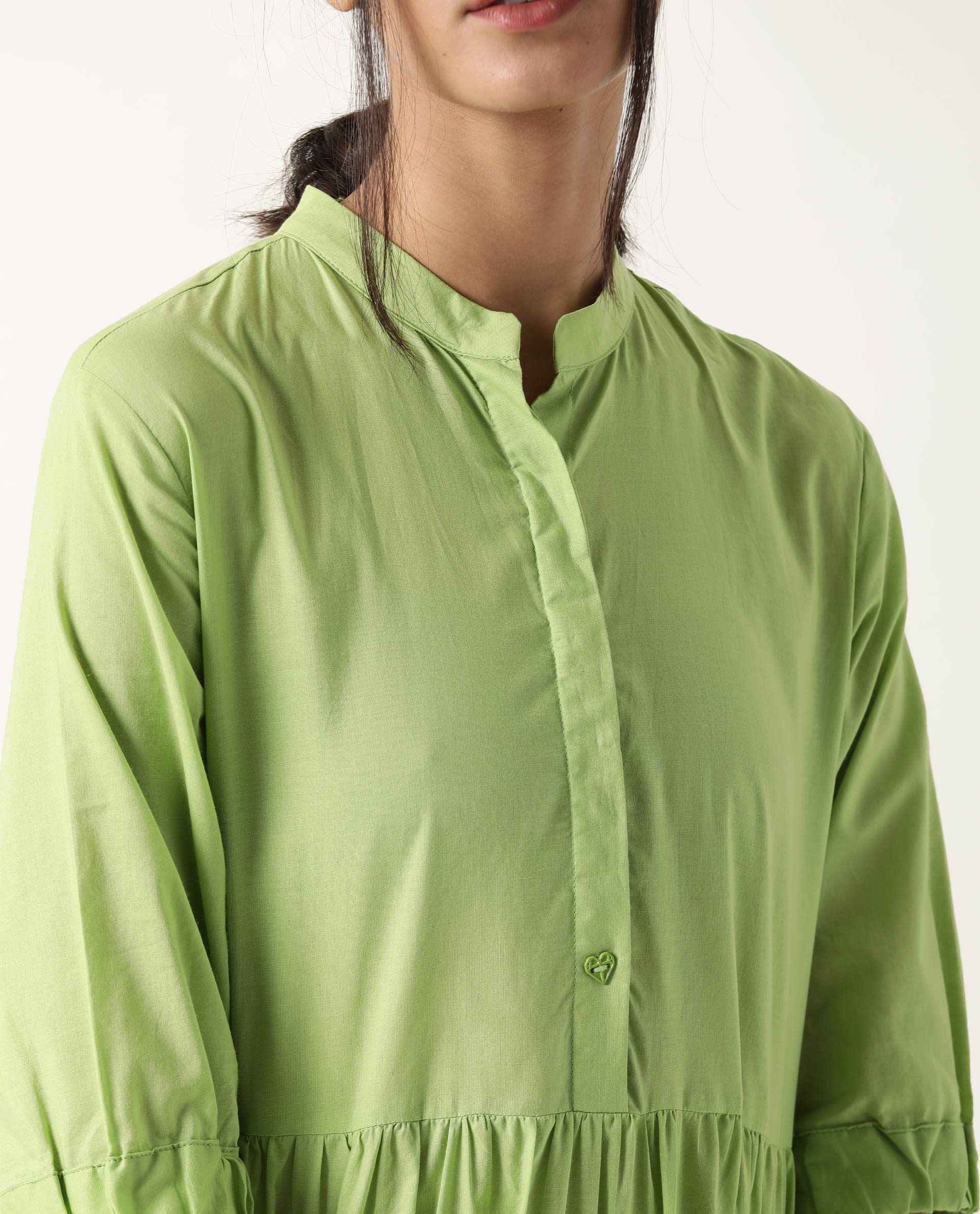 Rareism Womens Intro Green Dress Cotton Fabric Regular Fit Puff Sleeves Mandarin Neck - Image 5
