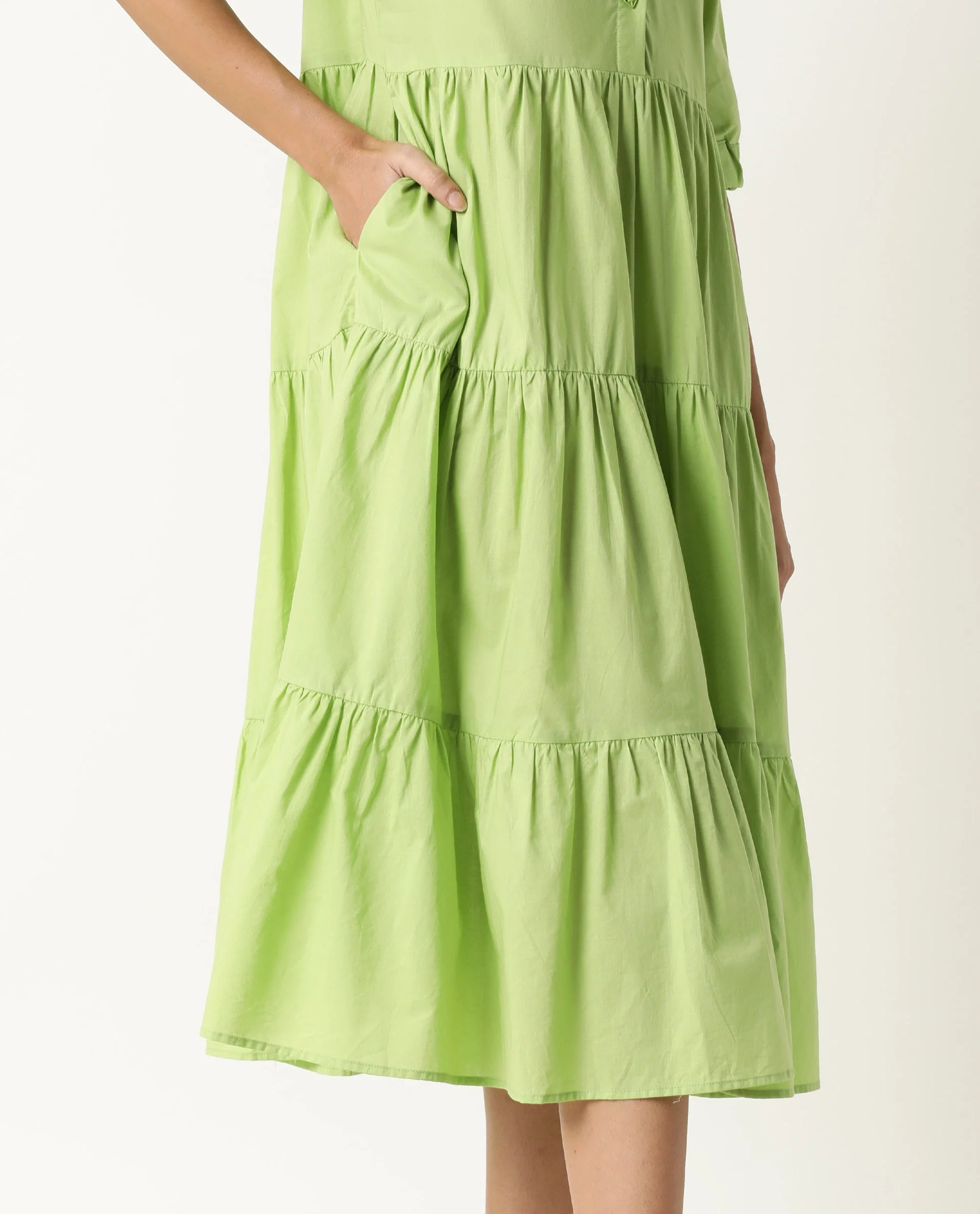 Rareism Womens Intro Green Dress Cotton Fabric Regular Fit Puff Sleeves Mandarin Neck - Image 6