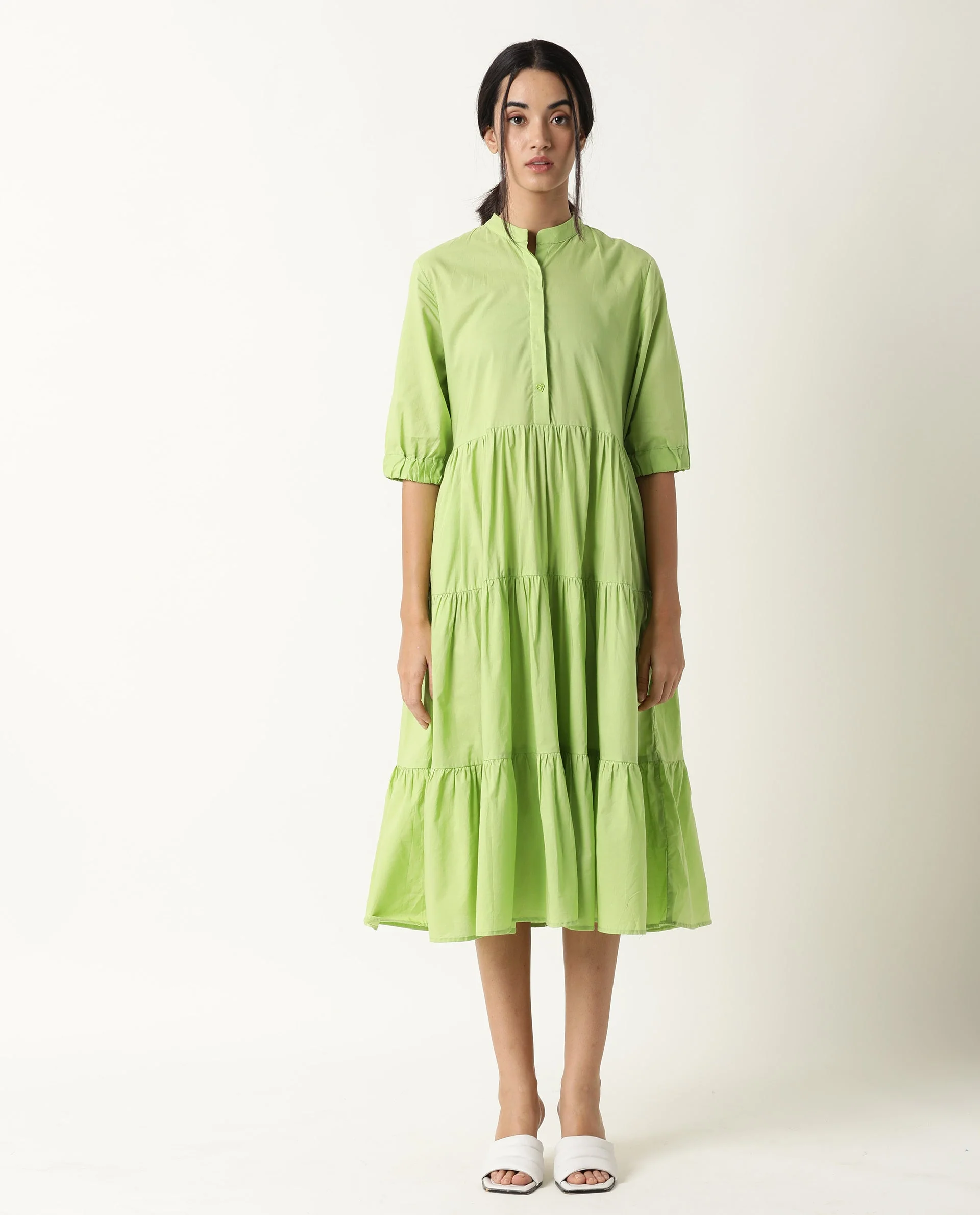 Rareism Womens Intro Green Dress Cotton Fabric Regular Fit Puff Sleeves Mandarin Neck - Image 7