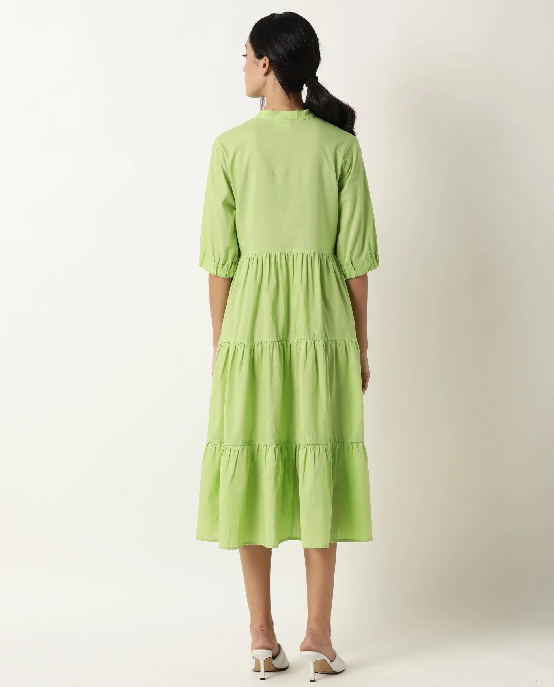Rareism Womens Intro Green Dress Cotton Fabric Regular Fit Puff Sleeves Mandarin Neck - Image 8