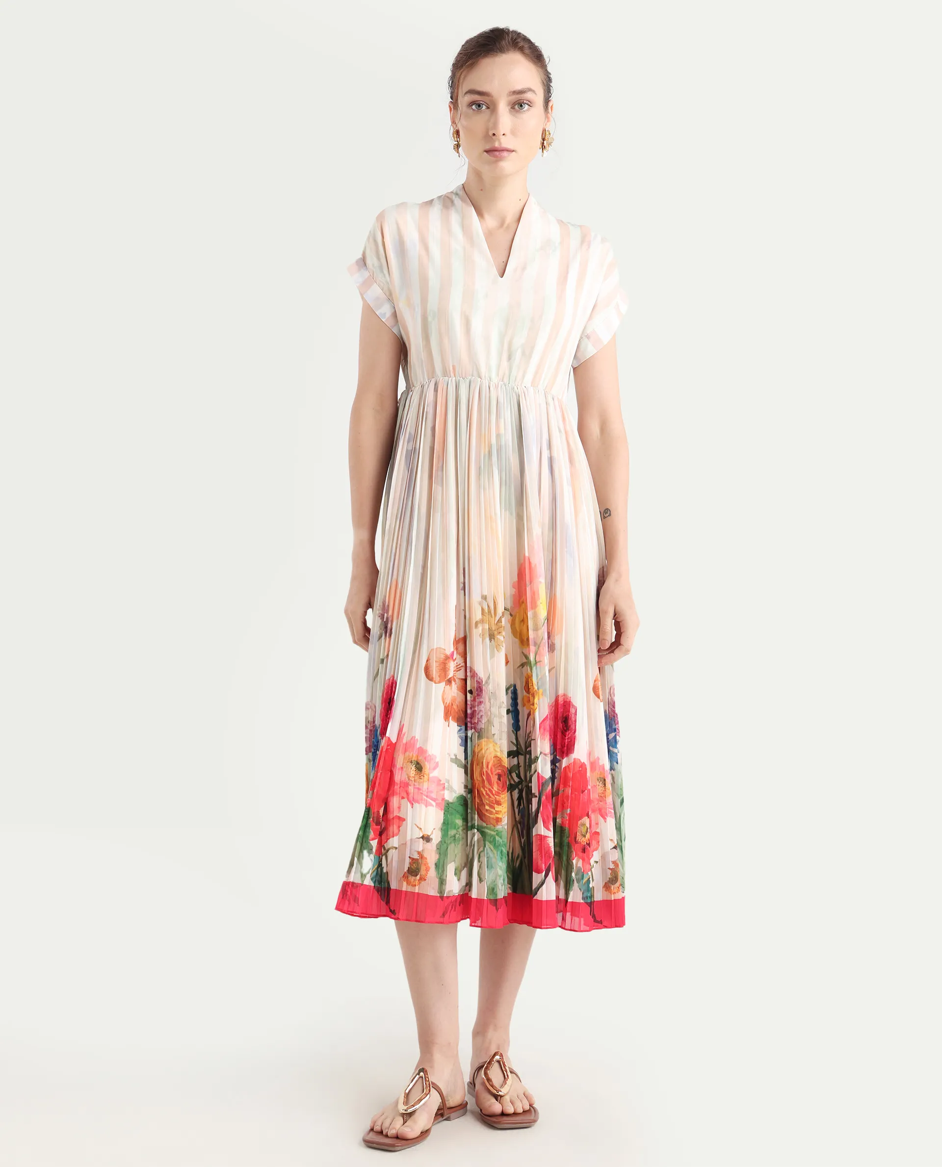 Rareism Women's Inuzuka Light Multi Polyester V-Neck Floral Print Extended Sleeves Midi Fit And Flare Dress - Image 3