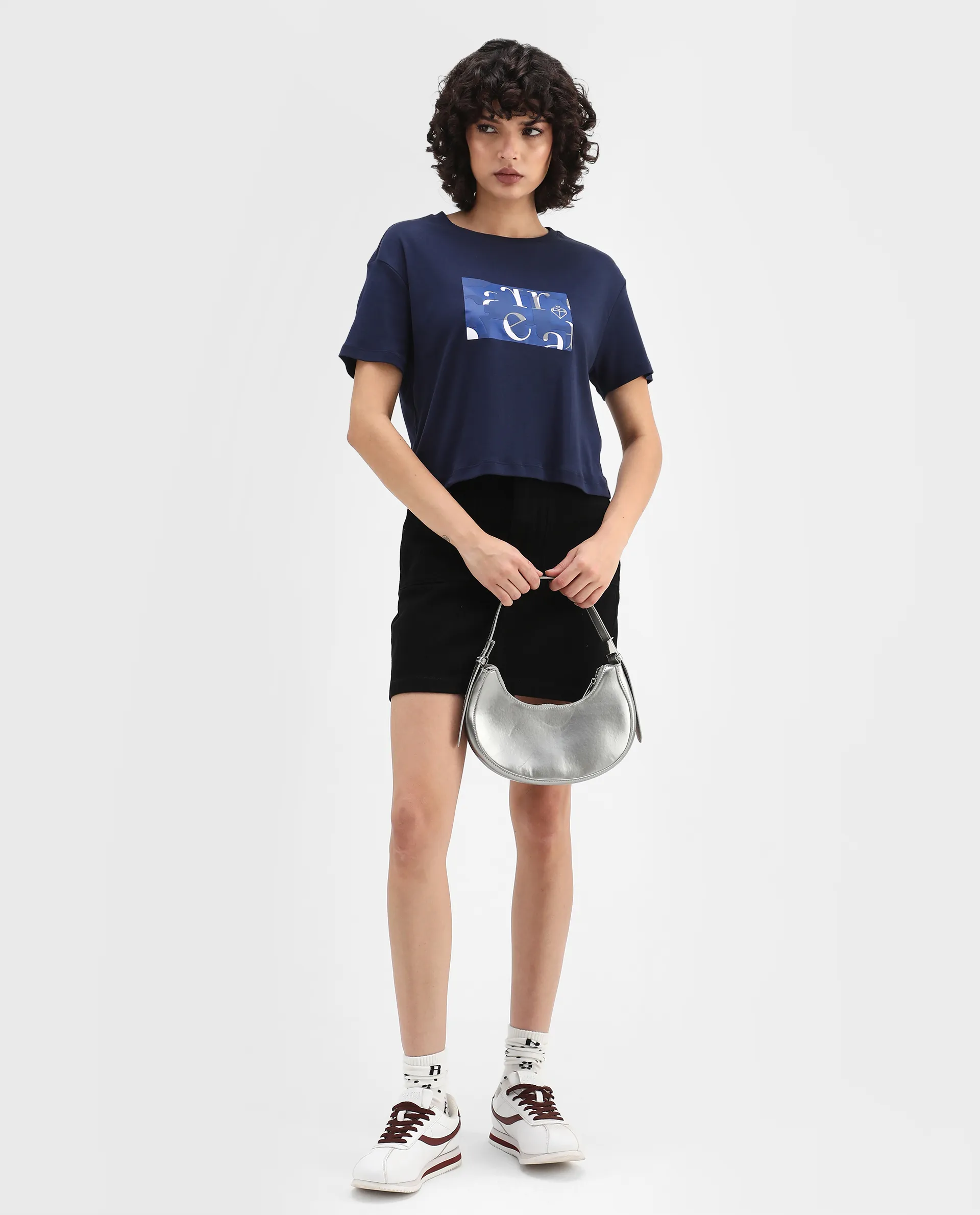 Rareism Women's Iolet Blue Cotton Crew Neck Graphic Print Regular Fit T-Shirt - Image 2