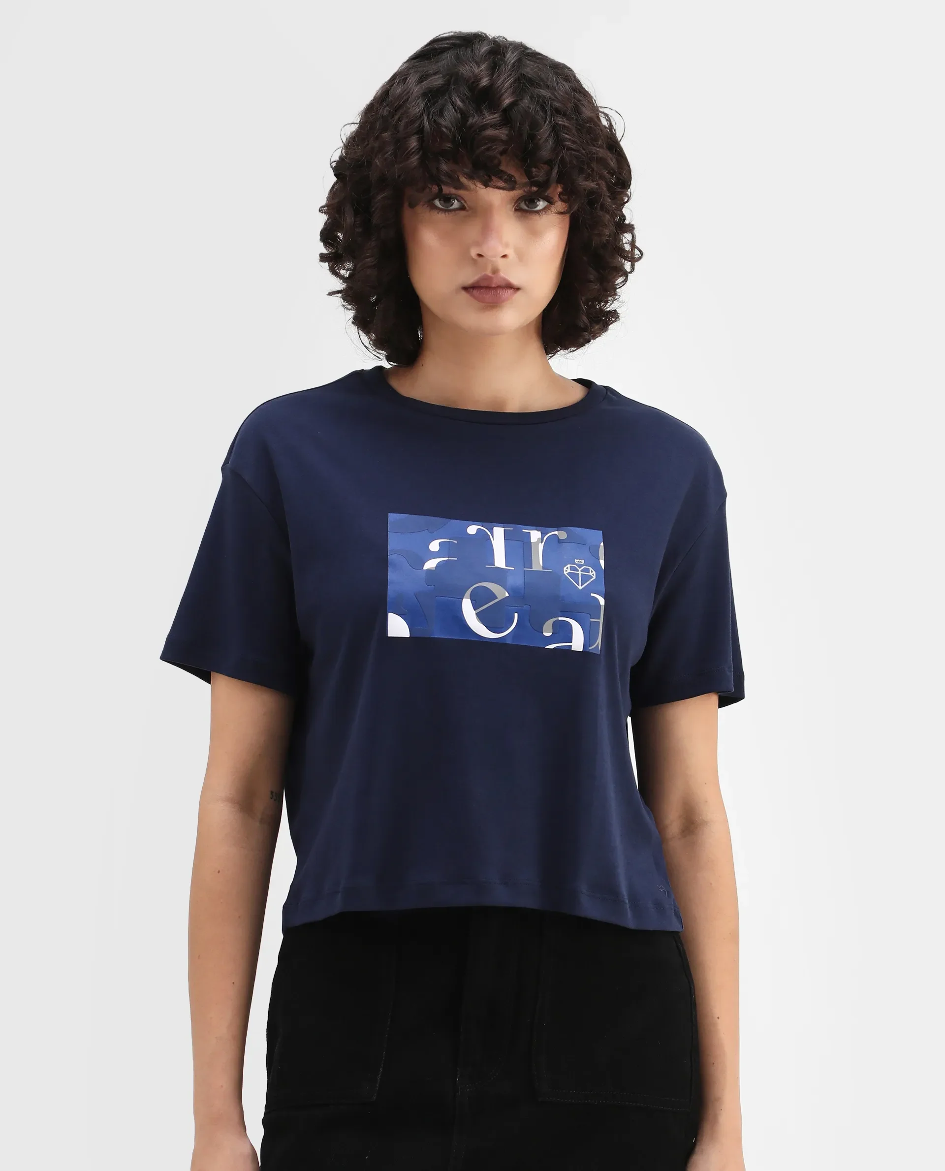 Rareism Women's Iolet Blue Cotton Crew Neck Graphic Print Regular Fit T-Shirt - Image 3
