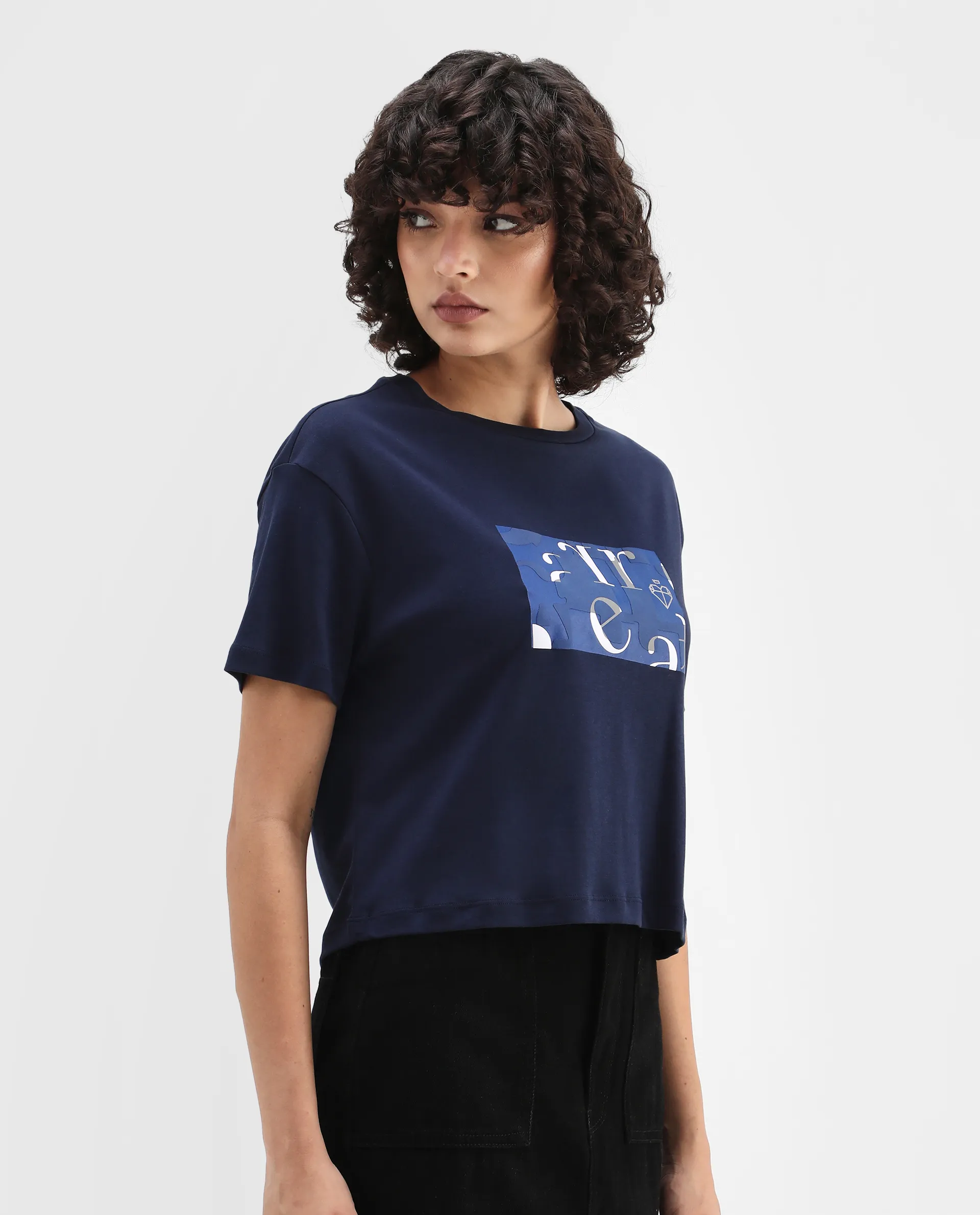 Rareism Women's Iolet Blue Cotton Crew Neck Graphic Print Regular Fit T-Shirt - Image 6